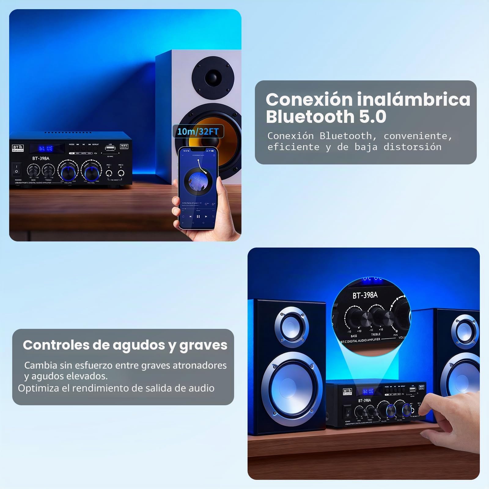 BT-398A Amplificadore Audio, Amplificadore Bluetooth 5.0 2.0 Canal 60W+60W Potencia nominal Mini Altavoces Amplificadores de Sonido Digital FM Radio USB SD Card para Home Theater Sistema de Audio