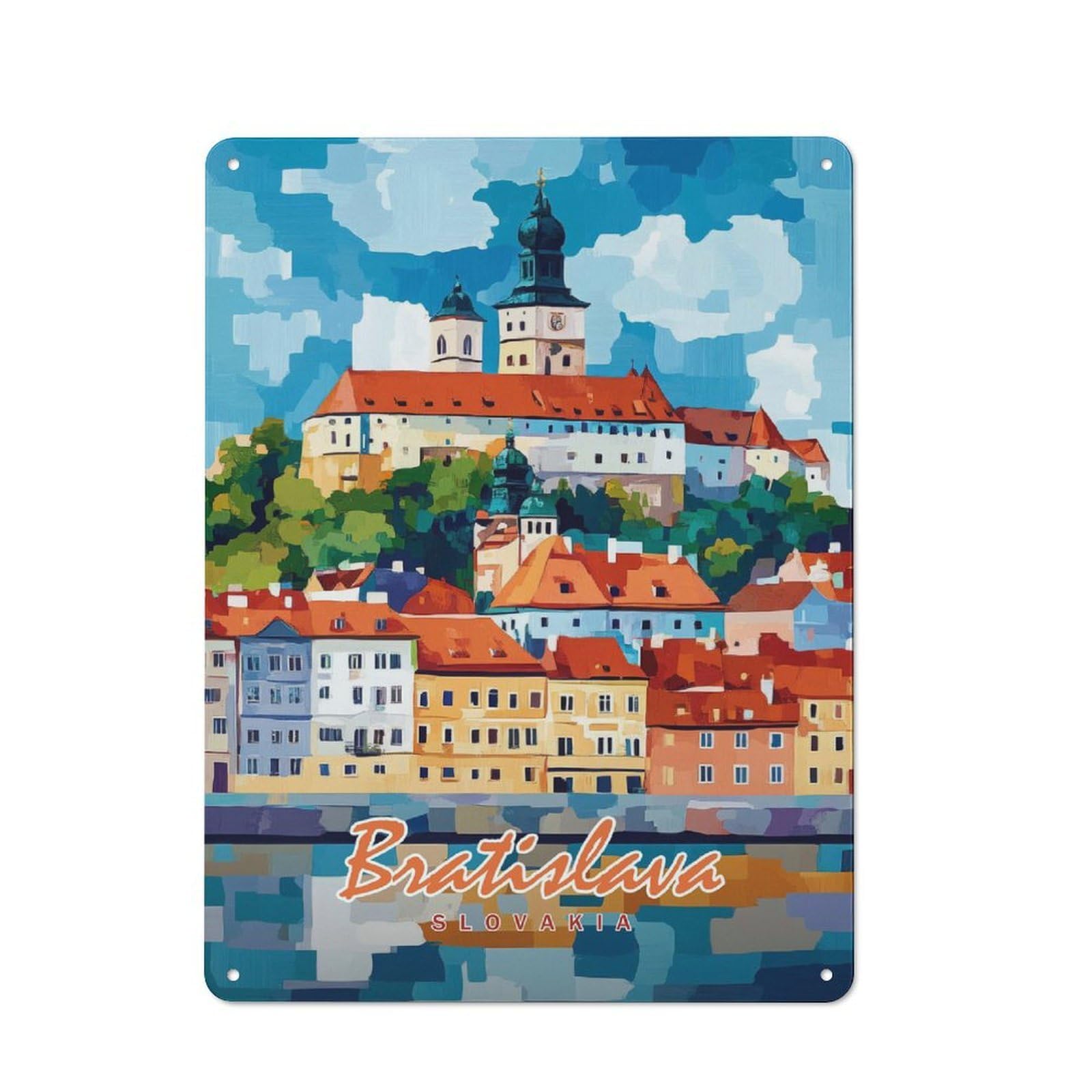 Junmoney Style-20 Bratislava Castle Cityscape Vintage Metal Plaque 40X30cm For Hobby Room Or Studio, For Kitchen, Dining Room And Home Bar Wall Decor