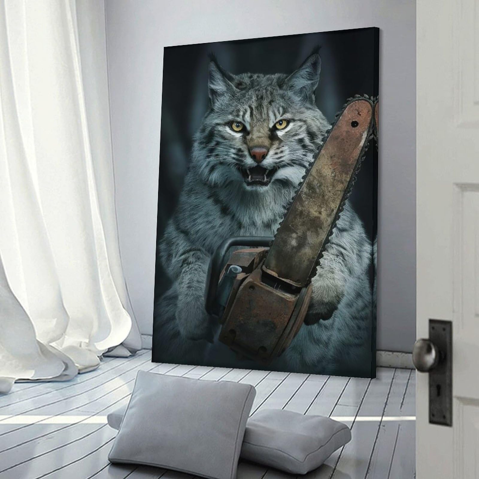 Junmoney Bobcat with Chainsaw Canvas Wall Decor, 24x36inch(60x90cm), for Apartment Walls, Studios Or Work Areas, Decorative Canvas Decor for Home Updates