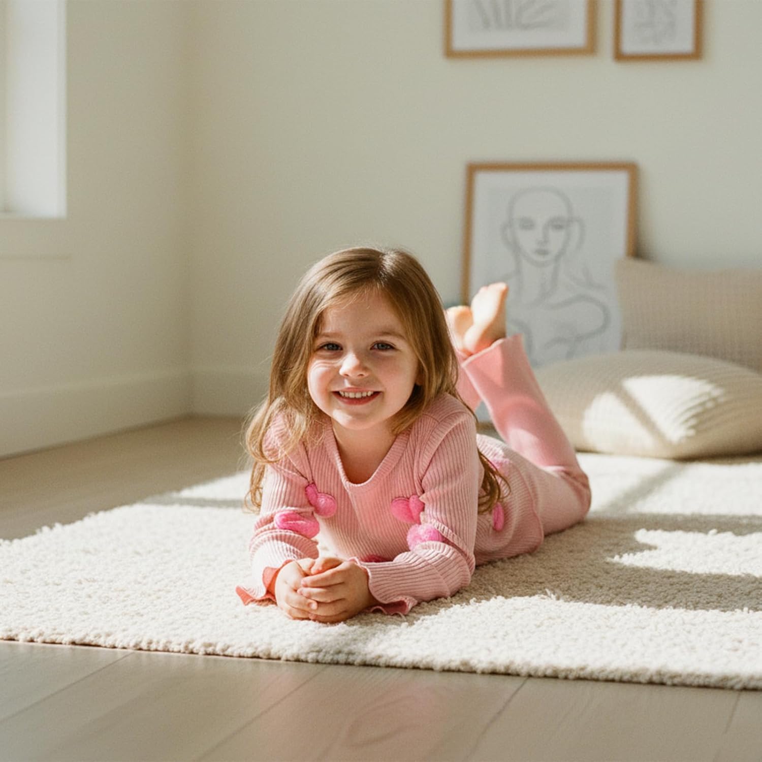 Toddler Baby Girl Valentines Outfit Long Sleeve 3D Fuzzy Heart Tops Pants Set Solid Color Knit Ribbed Fall Clothes - Image 2