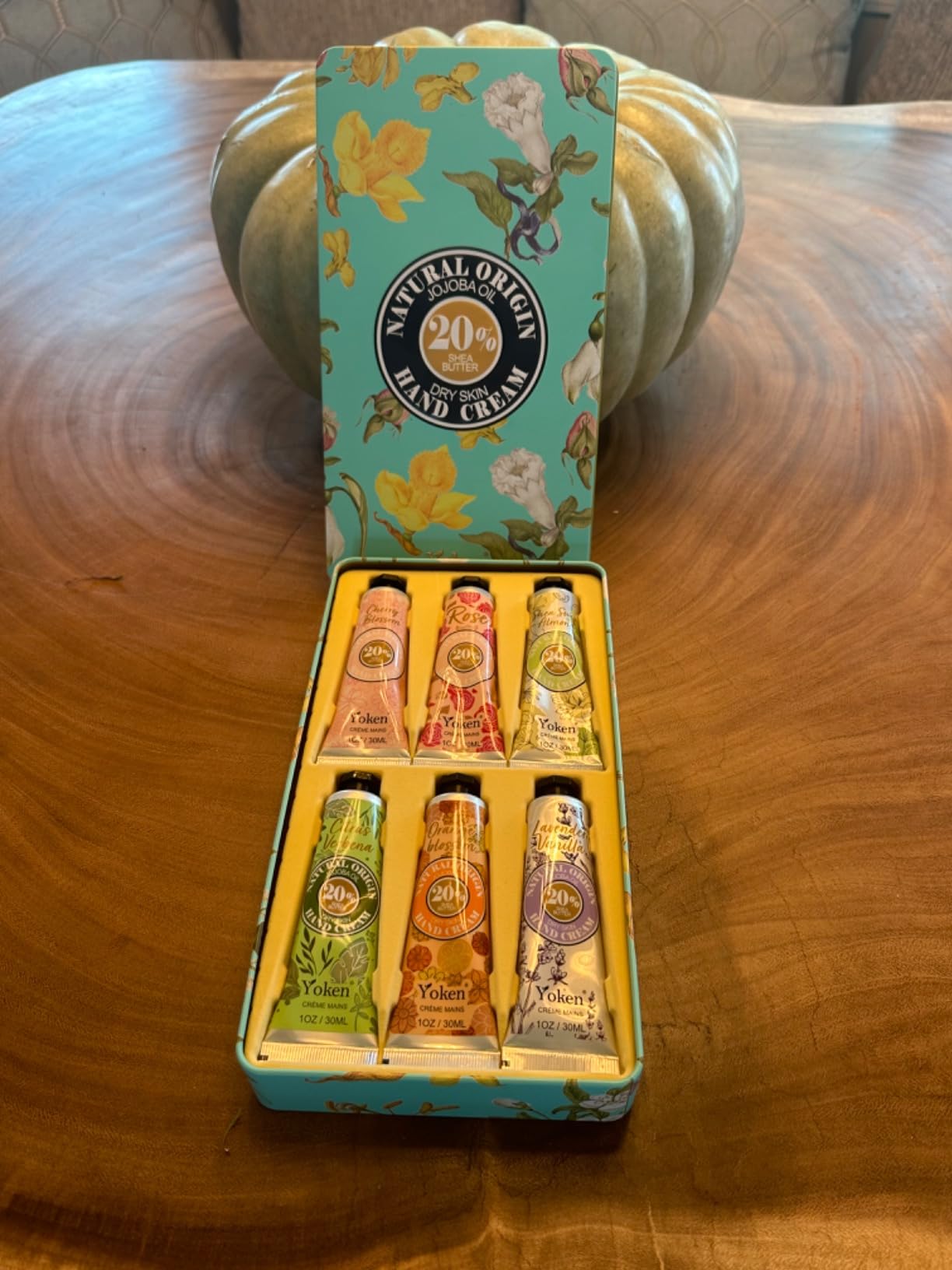 Yoken 20% Shea Butter Hand Cream Gift Set, Instant Soothing Moisturizing Hand Cream for Women Nourishes Dry Hands, 6-Piece Delicate Tin Gift Set Almond, Citrus Verbena & Floral-Scented, 6 x 1 OZ