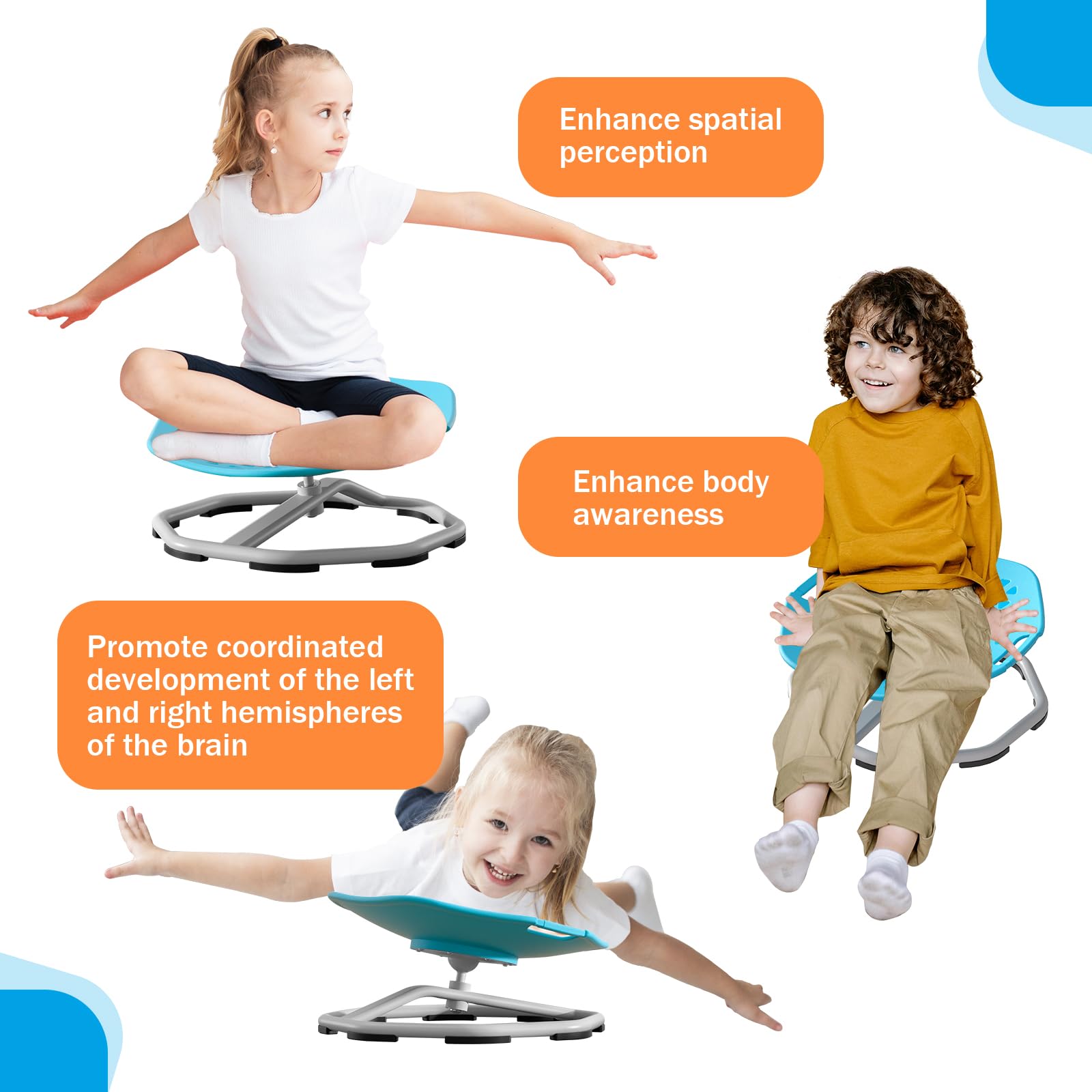 Silla Giratoria para niños,Silla Giratoria Sensorial con Autismo,Asiento Giratorio de 360°,Coordinación y Equilibrio Físico,Silla de Equilibrio,Base Metálica Antideslizante (Azul)