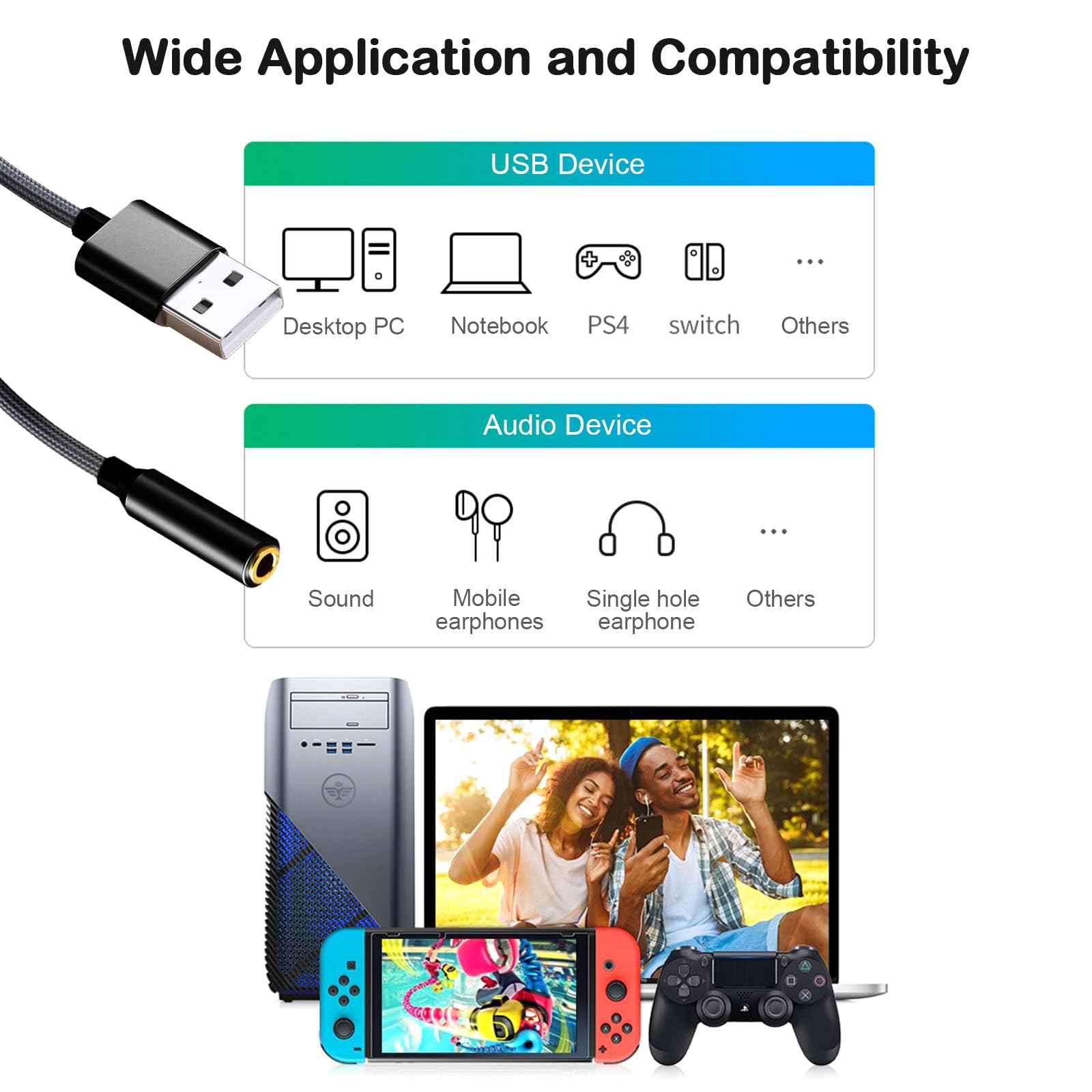 Adapter audio USB na jack 3,5 mm, zewnętrzna karta dźwiękowa USB, złącze TRRS, kompatybilne z słuchawkami, komputerem, laptopem, komputerem stacjonarnym, PS4