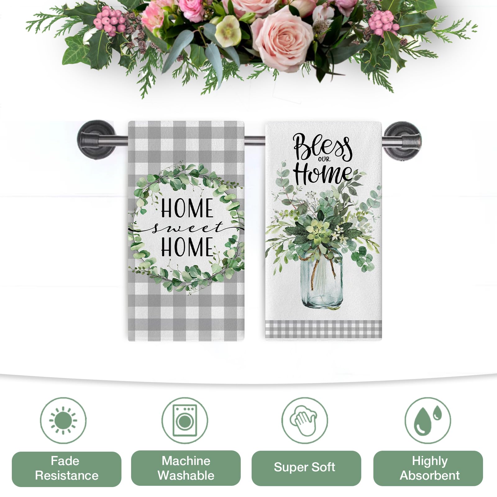 Seliem Sweet Home - Set di 2 strofinacci da cucina con foglie di eucalipto, per asciugare e cucinare, motivo scozzese grigio, decorazione per la casa, 45 x 66 cm