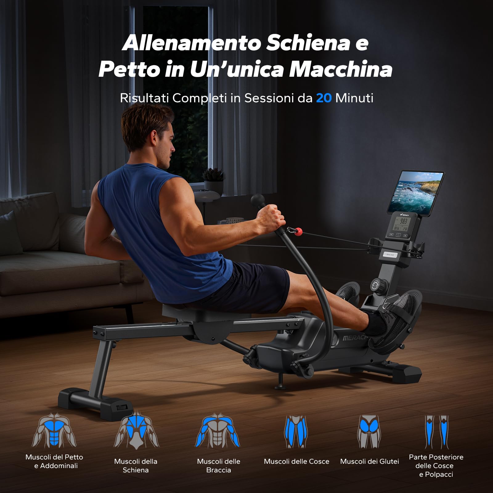 MERACH Vogatore per Casa con Mappa Interattiva Esclusiva e Giochi nell'APP, Aspetto Simile a uno Squalo, Esperienza di Remata Intensa, Salvaspazio, Adatto per l'Allenamento Completo del Corpo