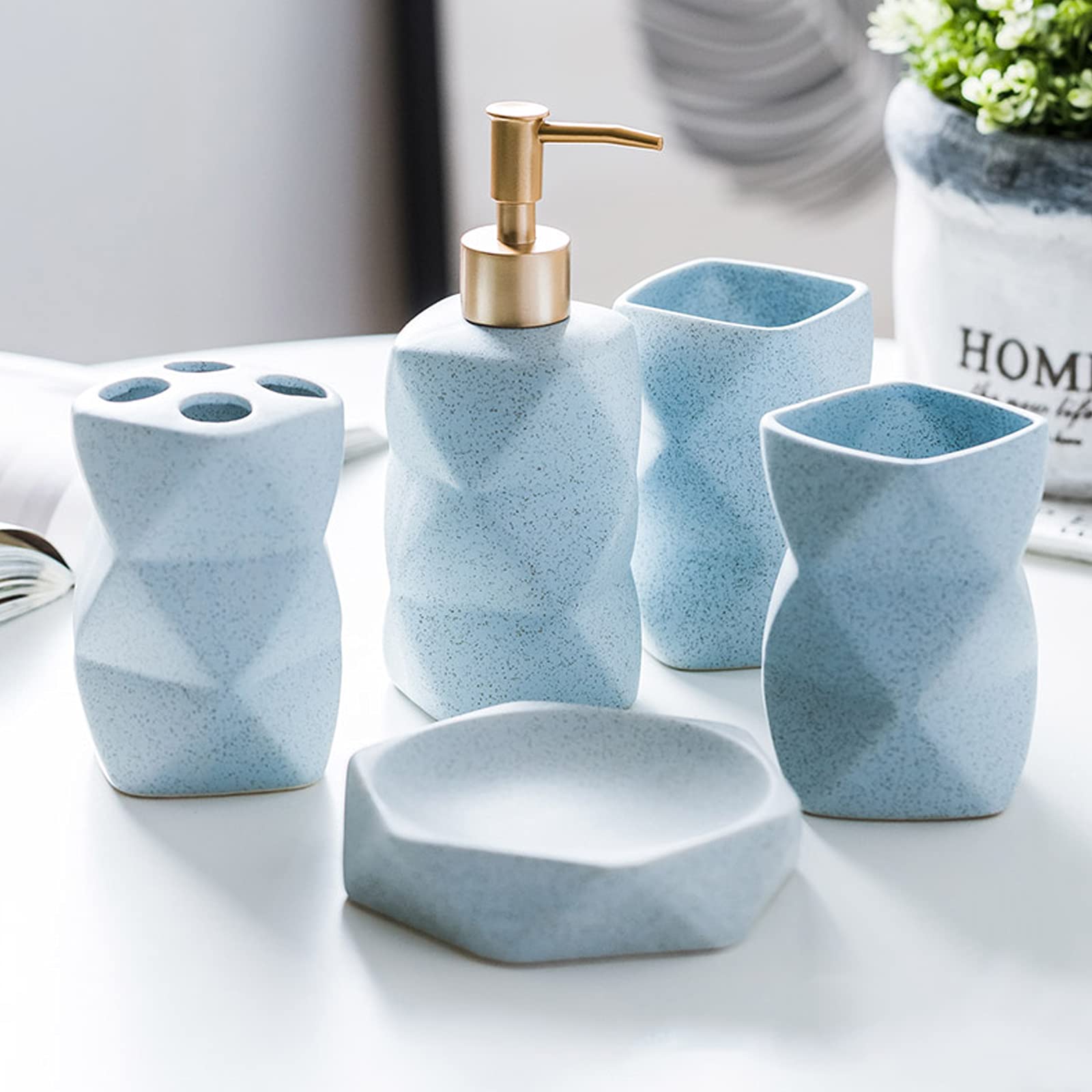 Badezimmer Set Geometrische Figur Luxuriöses Badezimmer Zubehör Set Keramik mit Seifenspender, Zahnputzbecher, Seifenschale, Zahnbürsten-Halter,Blau,5Pcs