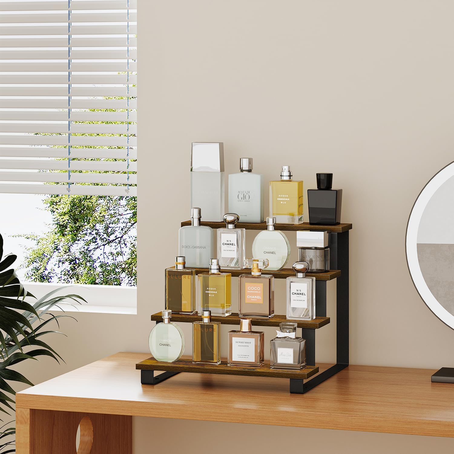 YINMIT Wooden Display Riser Stand,15.75 Inch Tiered Perfume and Cologne Organizer Stand, 4 Tier Spice Rack Organizer, Rustic Display Shelf for Cupcake, Figures, Candles (4 Tier Brown, 15.75 In)