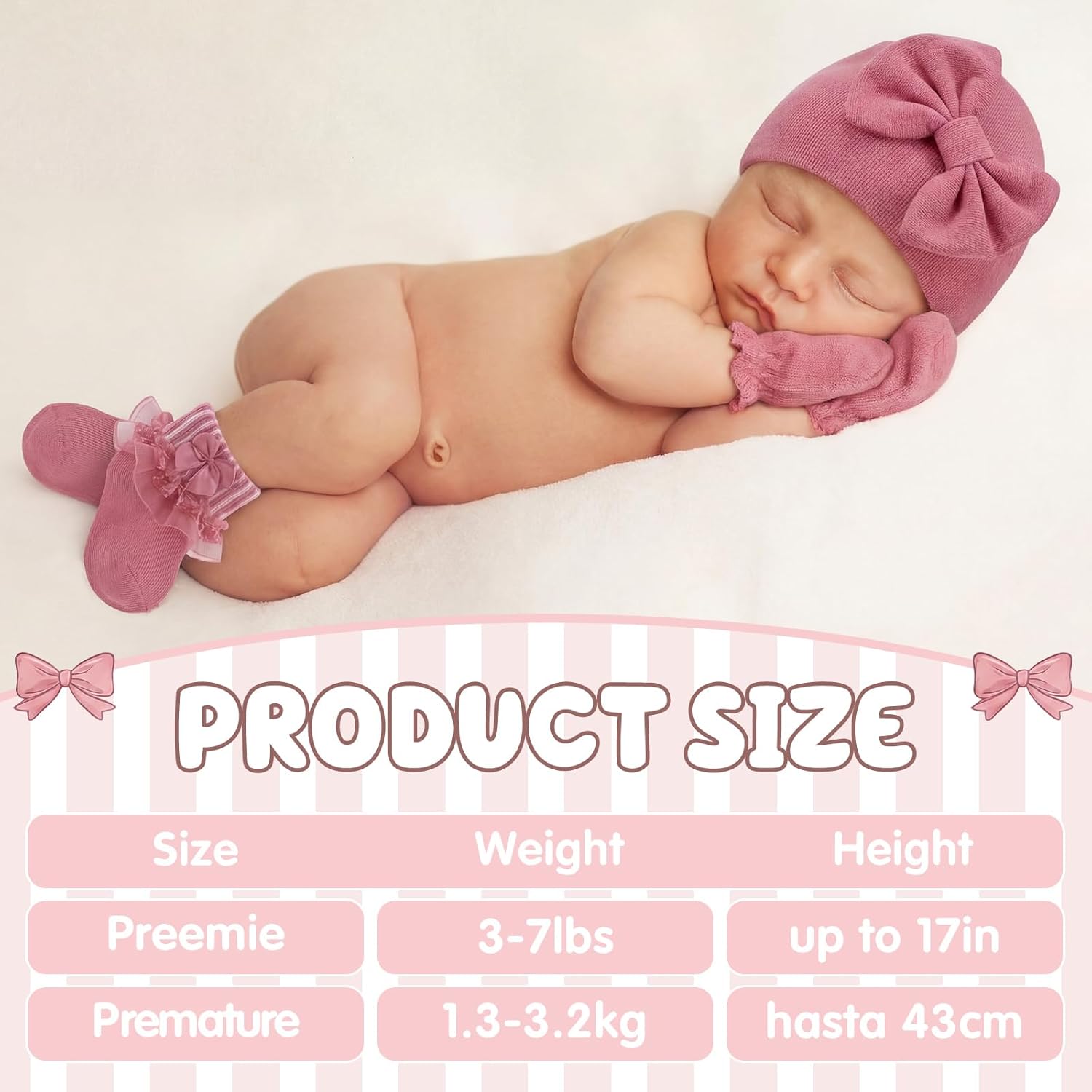 Ramede 5 Pack Preemie Hats Mittens and Socks Set Preemie Cotton Bow Knot Caps Non-Scratch Gloves Ruffle Lace Socks for Nicu Premature Girls Boys