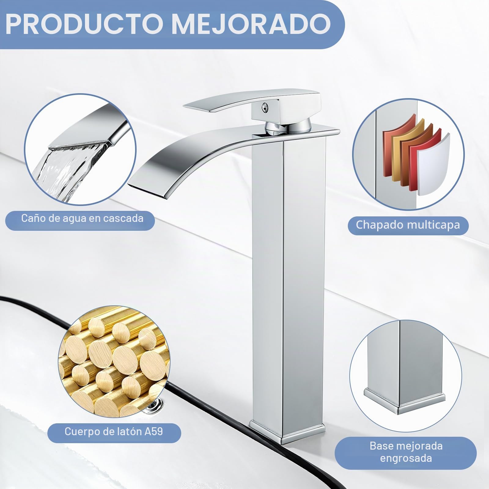 Grifo de Lavabo Alto Cascada Moderno, Mezclador Monomando Lavabo con Prima Valvula de Ceramica, Grifo de Baño Alto Cascada, Agua Fria y Caliente Disponible, Latón Cromado | Monomando, cartucho cerámico, agua caliente/fría, conexión G3/8, flexible 60 cm in