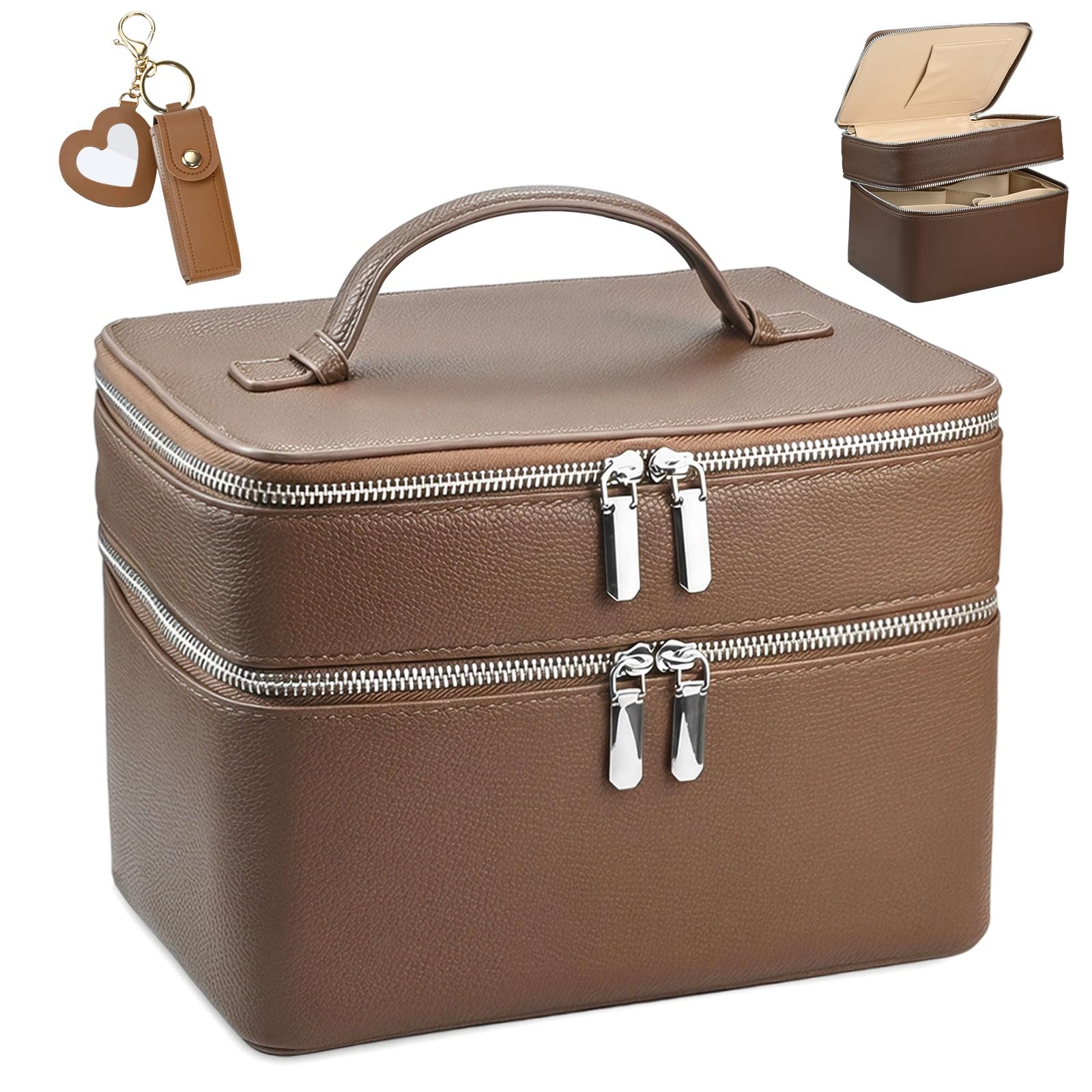 Trousse de maquillage double couche pour femme, grande trousse de maquillage en cuir synthétique avec séparateurs amovibles, organiseur portable étanche pour maquillage, pinceaux, trousse de toilette