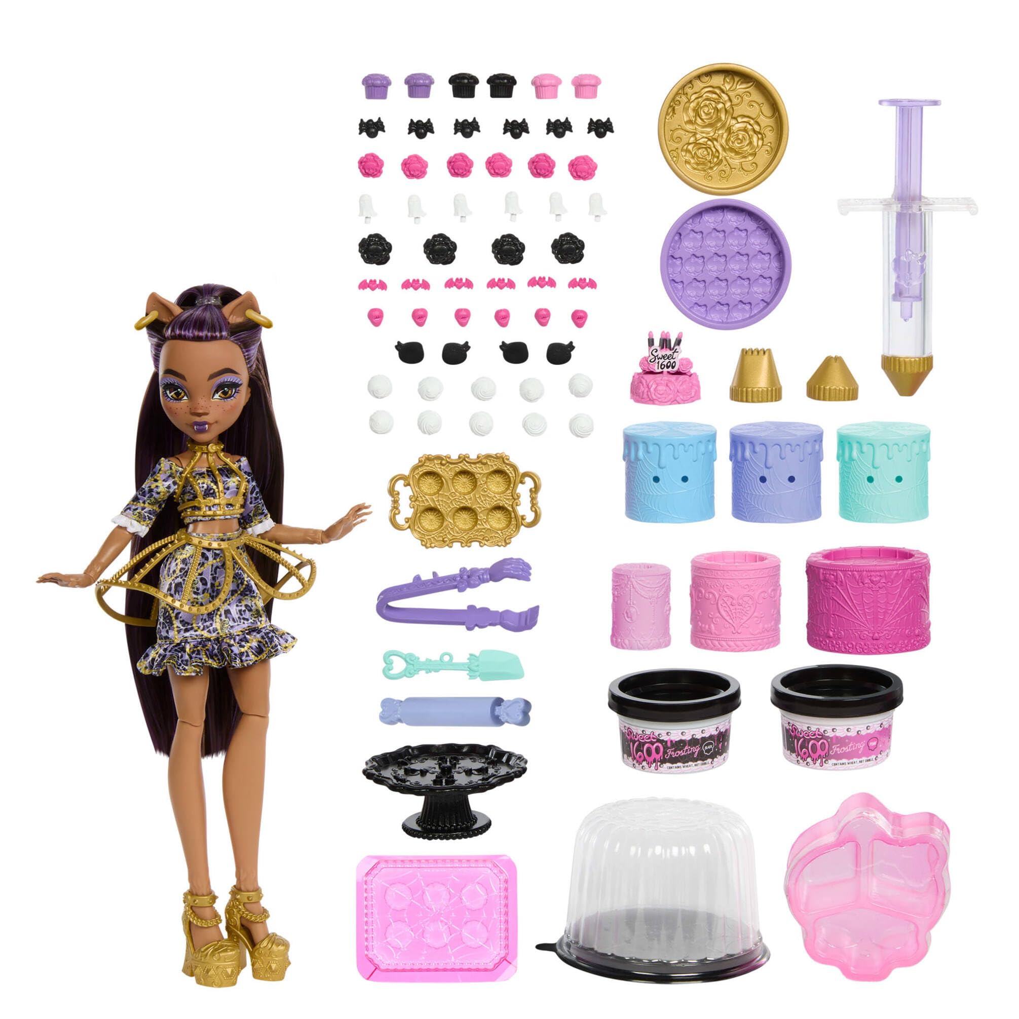 Monster High Scary Sweet Birthday Cake Kit with Clawdeen Wolf Doll, Cake Decorating Playset with 20+ Accessories Like Eerie Icing, Pipette, and More, JBG78