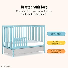 Dream On Me Convertible Crib Toddler Guard Rail in Aqua Sky, Converts Cribs to Toddler Beds, Solid Wood Construction