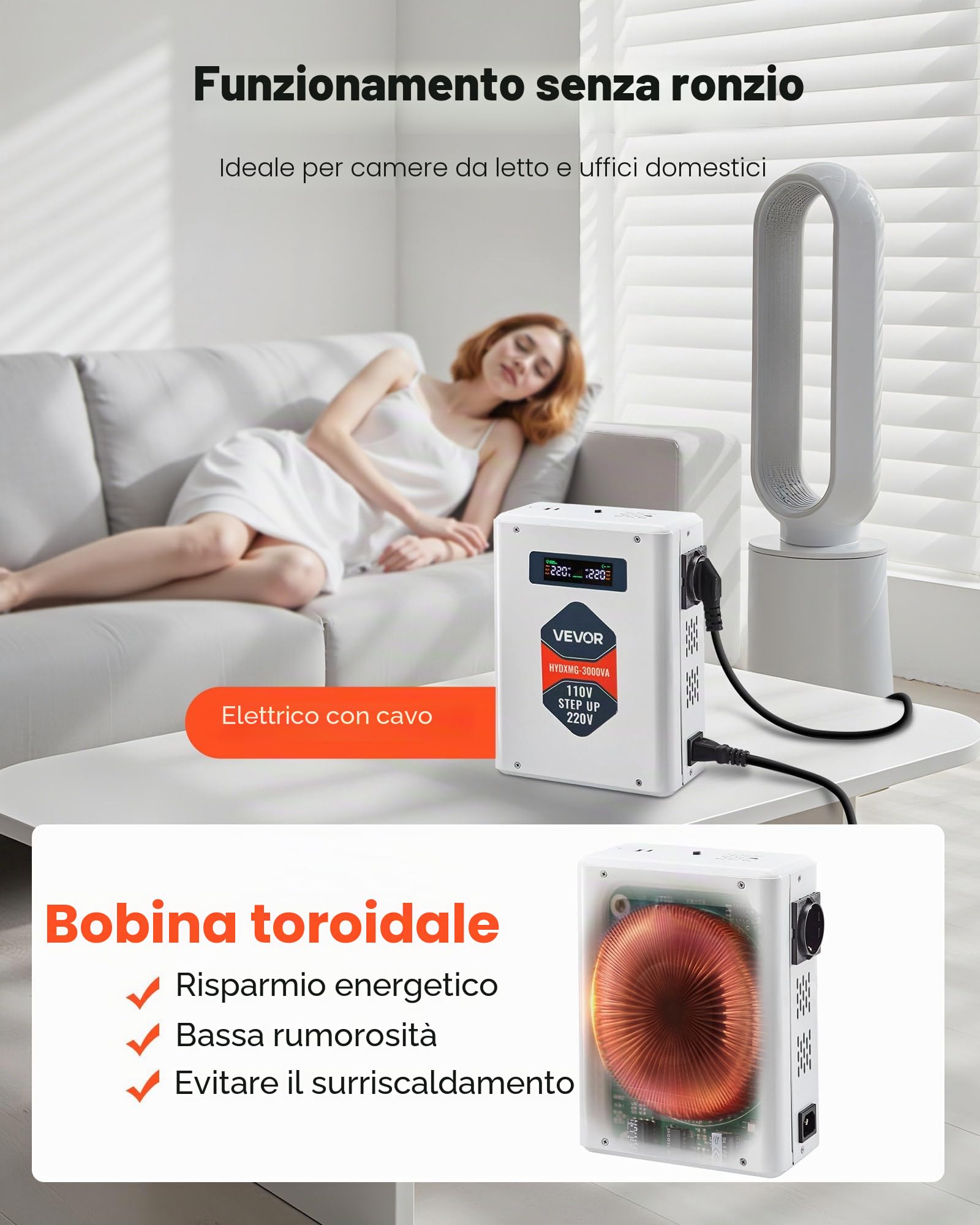VEVOR Convertitore di Tensione Step-Up da 3000 VA, Trasformatore di Potenza per Impieghi Gravosi da 110 V a 220 V con 2 Prese USA, Uscita USB, Display LCD, per Elettrodomestici da 220 V