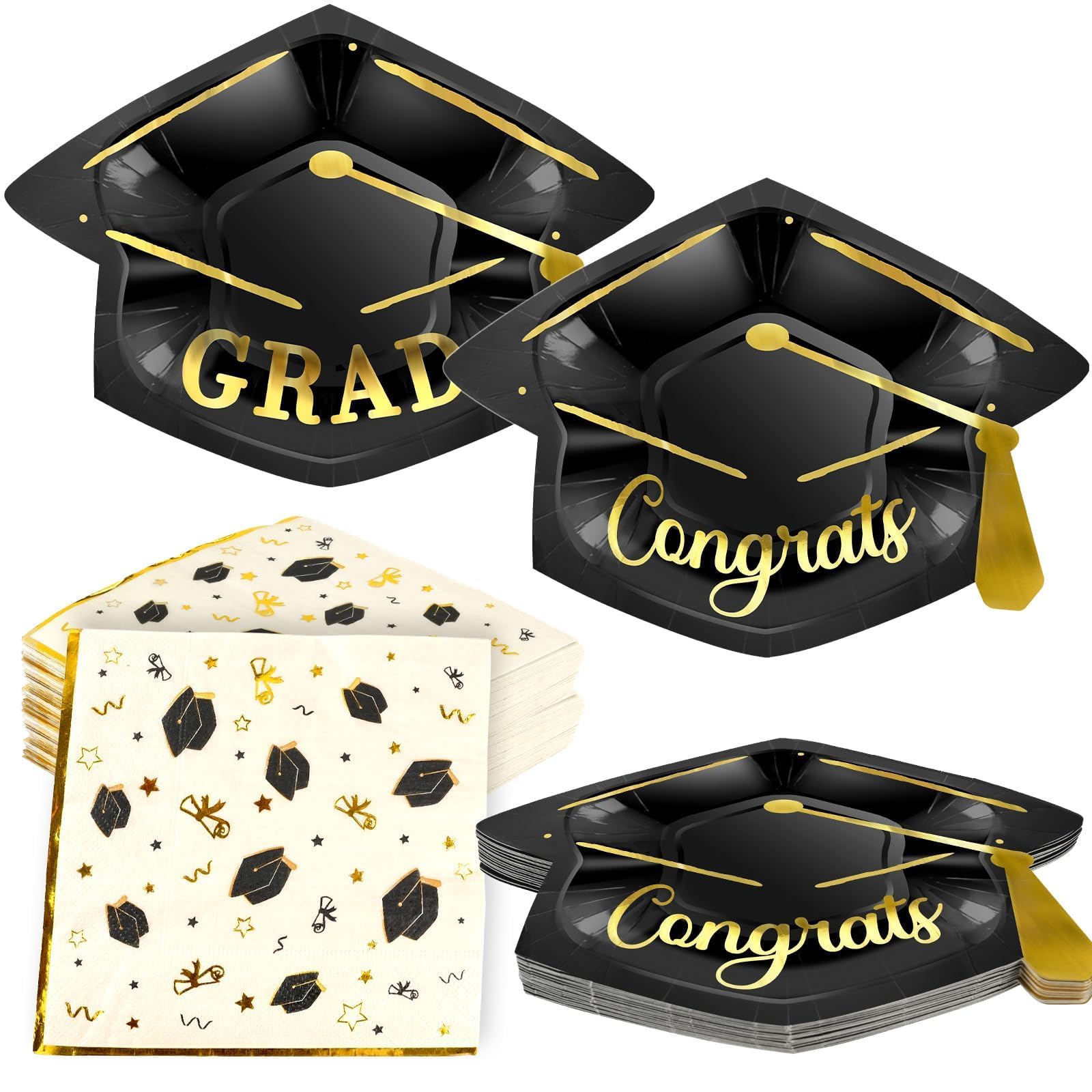 OuMuaMua Graduation Party Supplies Tableware Set,100Pcs Grad Cap-Shaped Paper Plates and Napkins For Class of 2026 College High School Congrats