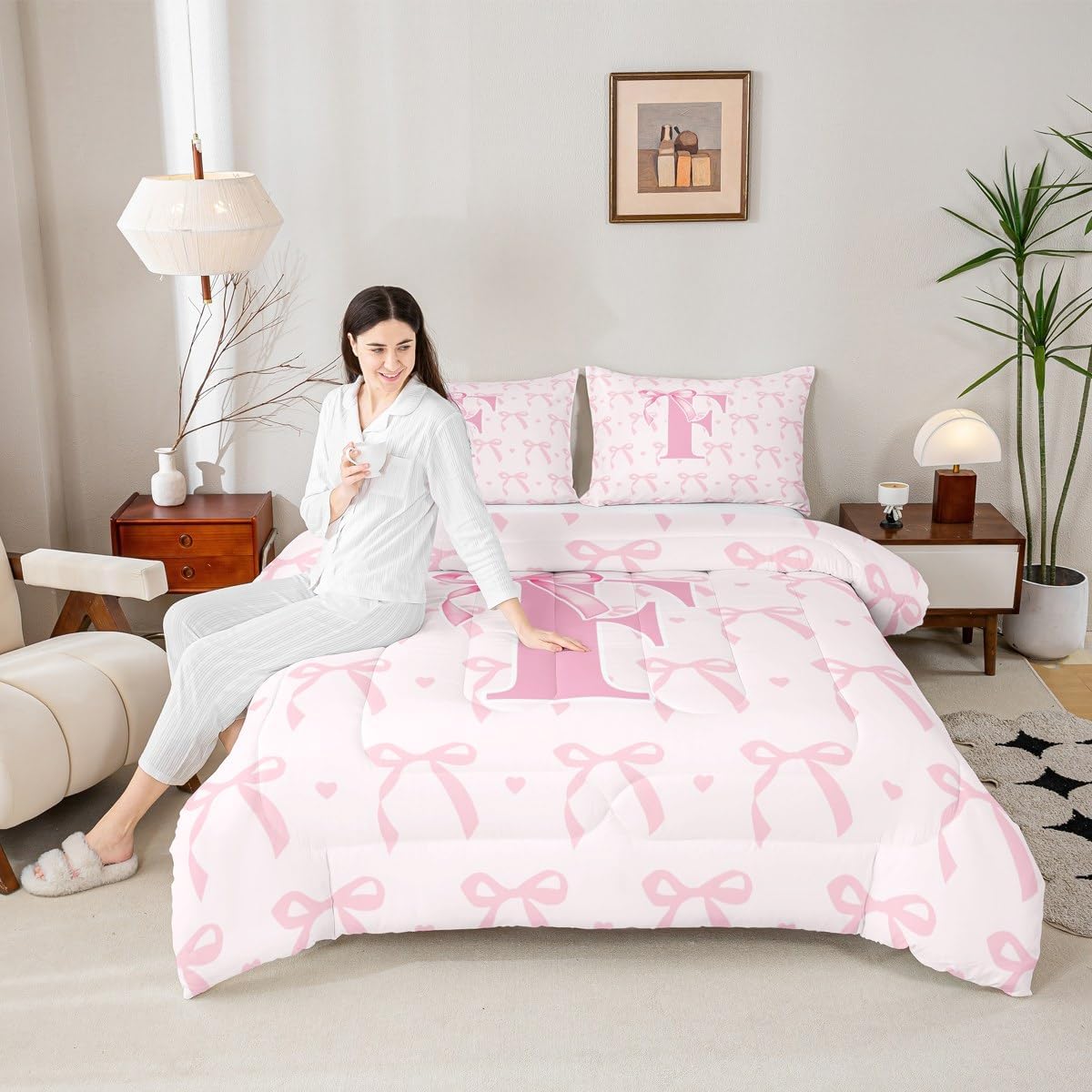 jejeloiu Cute Pink Bow Kids Bedding Set Queen Size,Boys Girls Personalized Letter F Comforter Set,Cute Coquette Bow Knot Ultra Soft Duvet Quilt,Initial Letter F Comforter Monogrammed Bedroom Decor