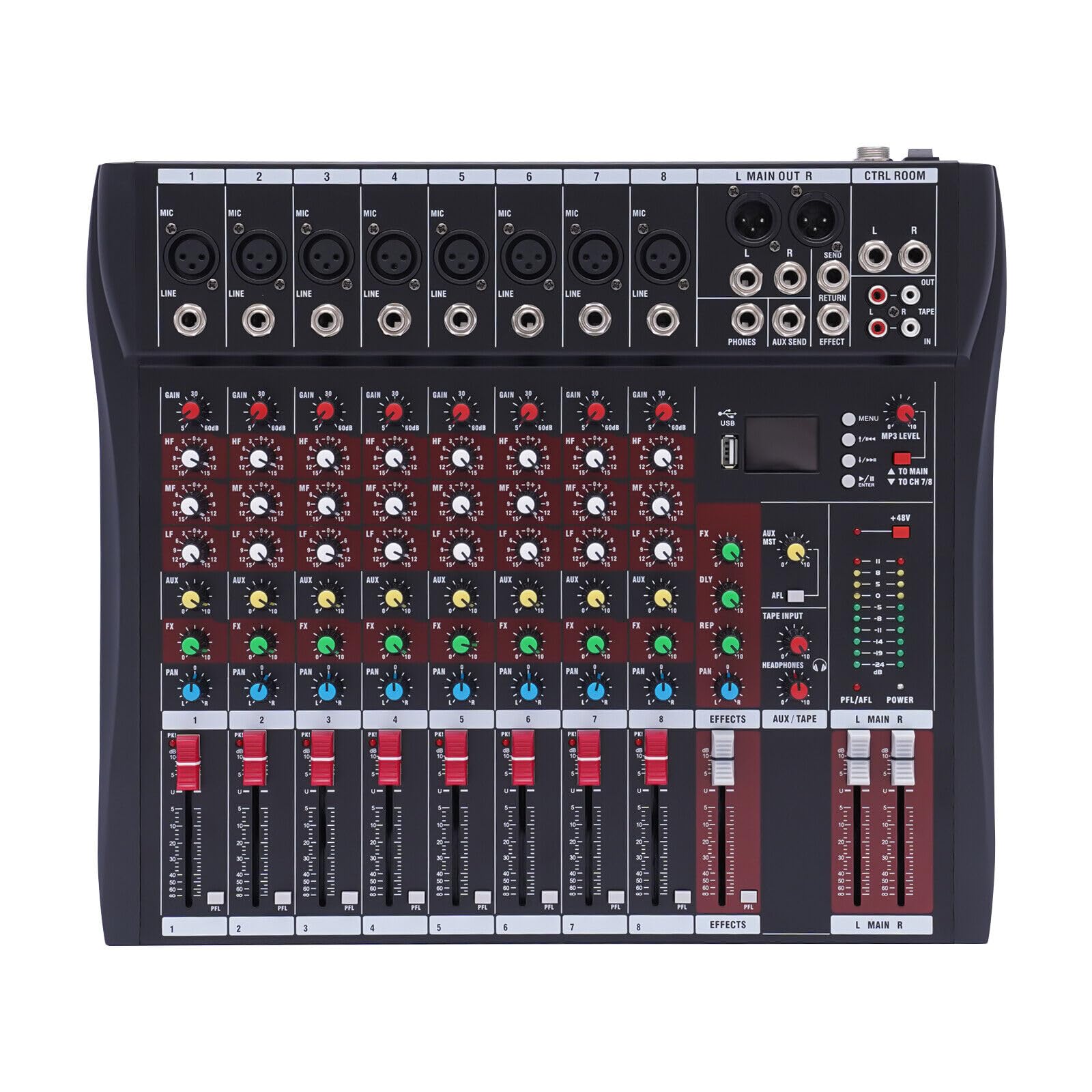 8 Kanal Audio Mixer Soundboard Konsole Professioneller Mixer Mischpult mit USB Dj für Karaoke DigitalAudio Mixer 48 V Schwarz