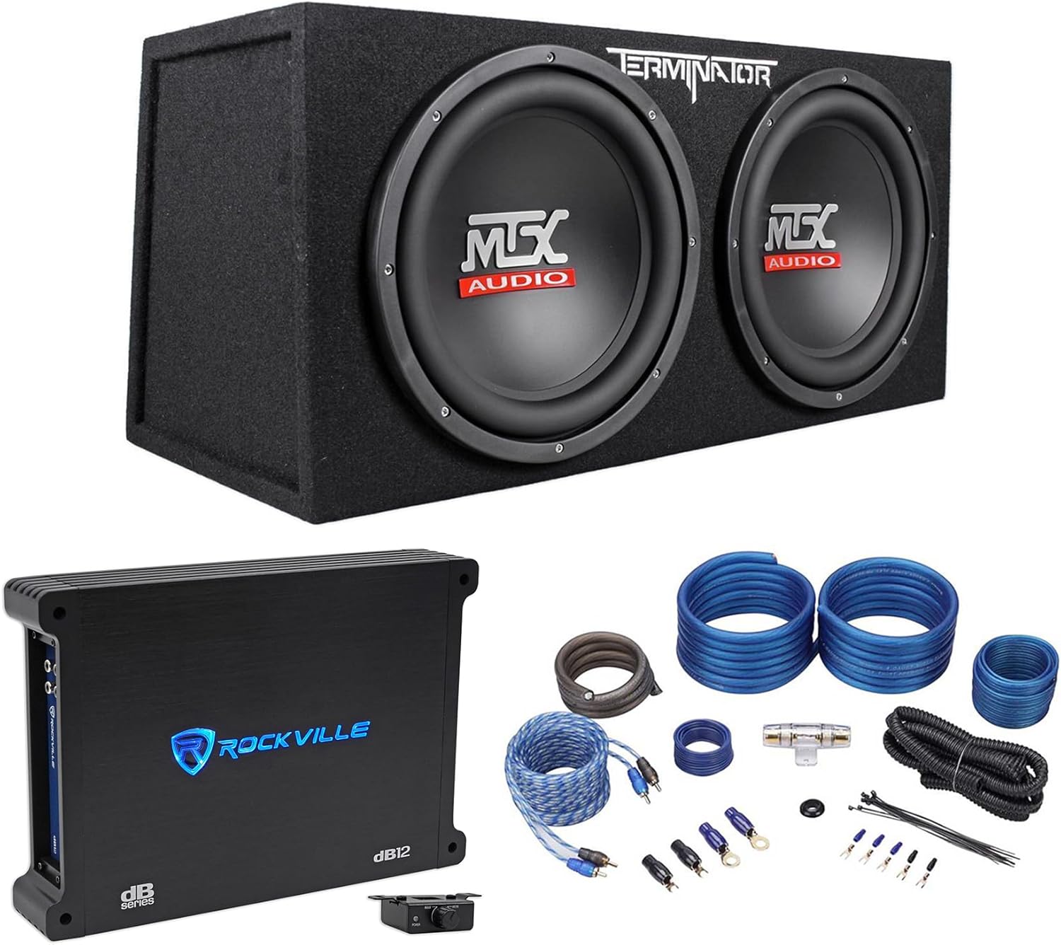 Audiosavings Bundle: MTX TNE212D Dual 12 1200W 2-Ohm Subwoofers+Sealed Sub Box Bundle with Rockville dB12 2000W Mono 2-Ohm Car Amplifier & RWK41 Amp Installation Wiring Kit with RCA's (3 Items)