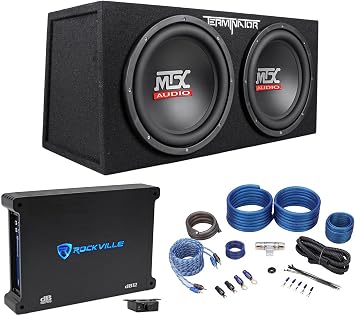 Audiosavings Bundle MTX TNE212D Dual 12 1200W 2-Ohm Subwoofers+Sealed Sub Box Bundle with Rockville dB12 2000W Mono 2-Ohm Car Amplifier & RWK41 Amp Installation Wiring Kit with RCAs 3 Items