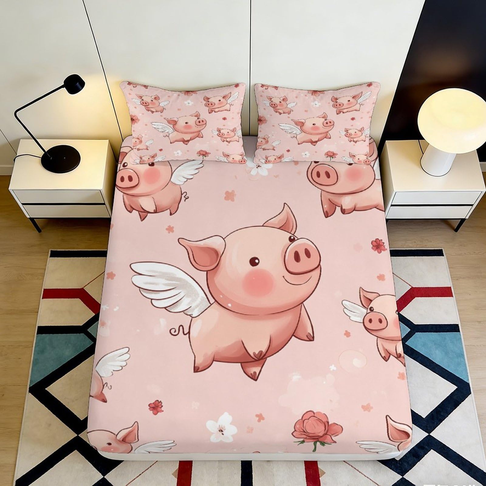 3D Printed Cute Flying Pig Fitted Sheet Microfiber Pink Cartoon Animal Mattress Cover for Bedroom Dorm Easy Care 90x200x25cm