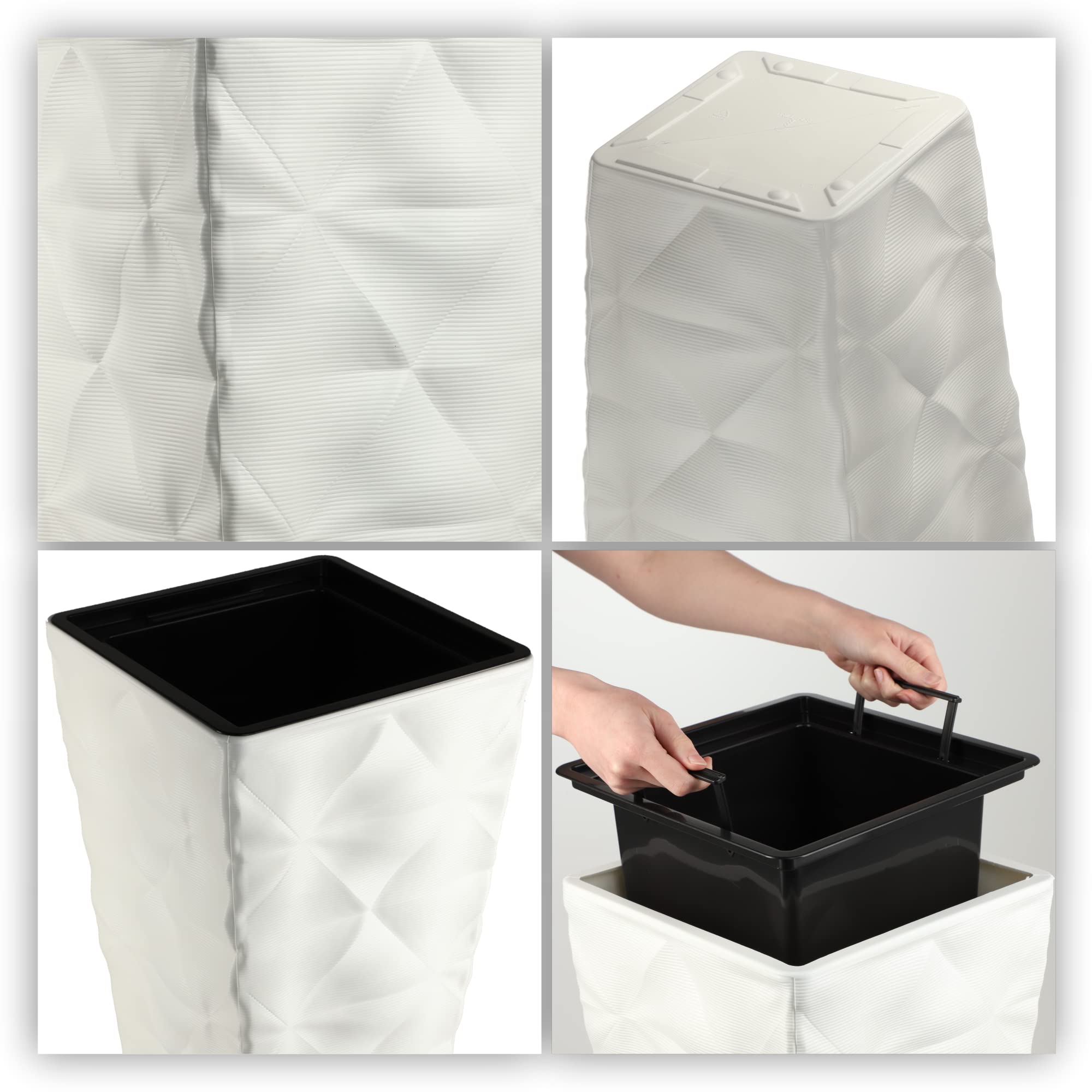 KADAX - Vaso alto in plastica con effetto 3D, grande vaso per fiori per uso interno ed esterno, vaso quadrato con inserto (bianco, 74,5 cm)