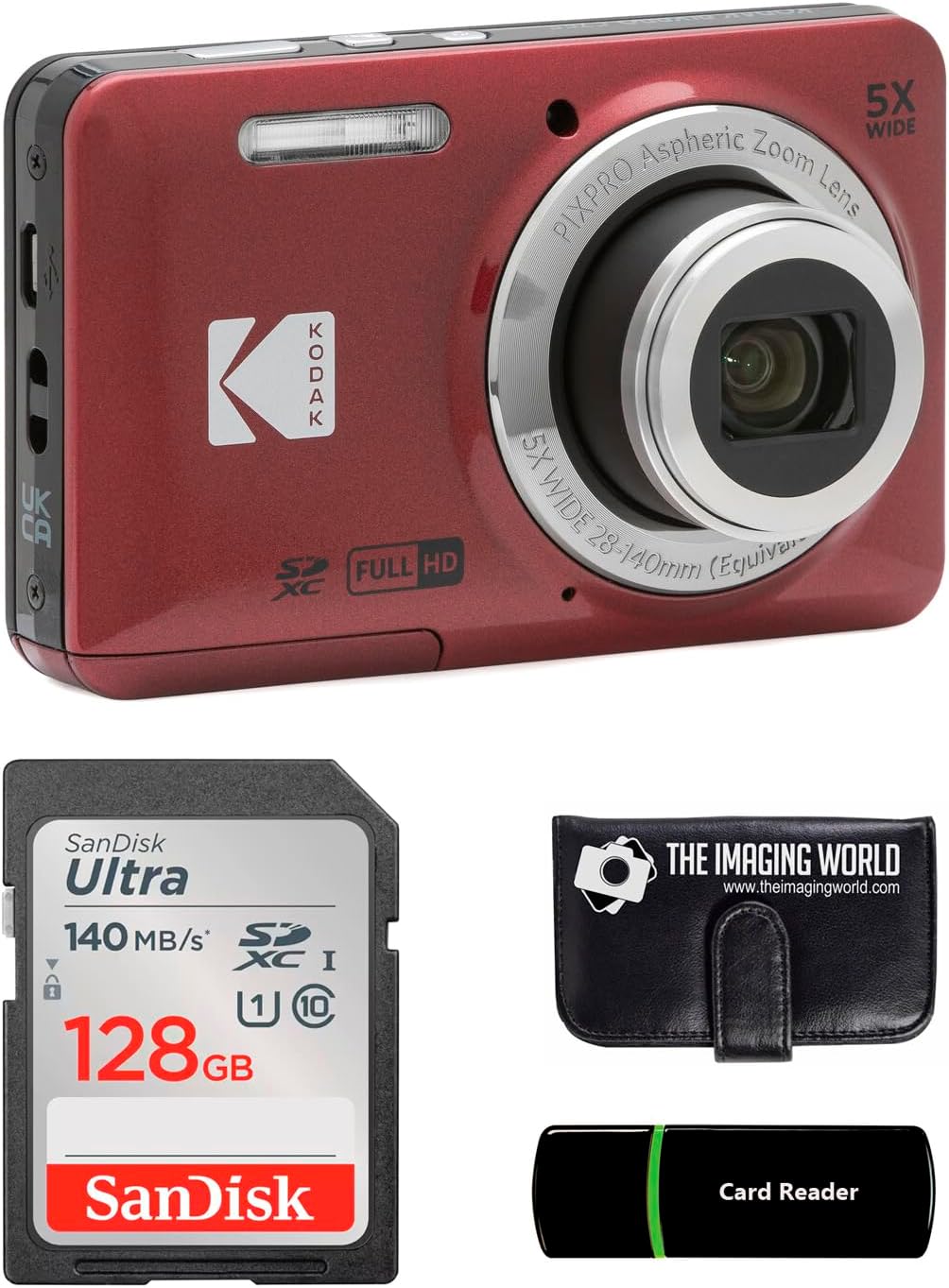 Kodak PIXPRO FZ55 Red 16MP Digital Camera 5X Optical Zoom 28mm Wide Angle 1080P Full HD Video 2.7" LCD Camera + 128GB Card and Reader + Memory Wallet