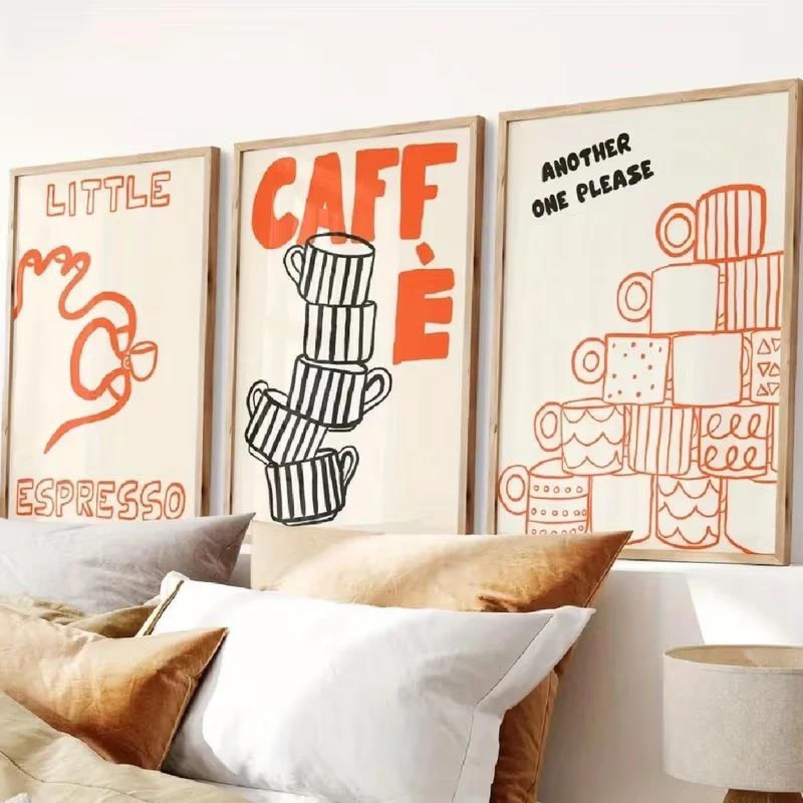 Baibexing Cafe Espresso In Orange And Black Wall Art Poster Prints Canvas Painting Picture For Living Room Home Decor 21X30Cmx3Pcs Unframed