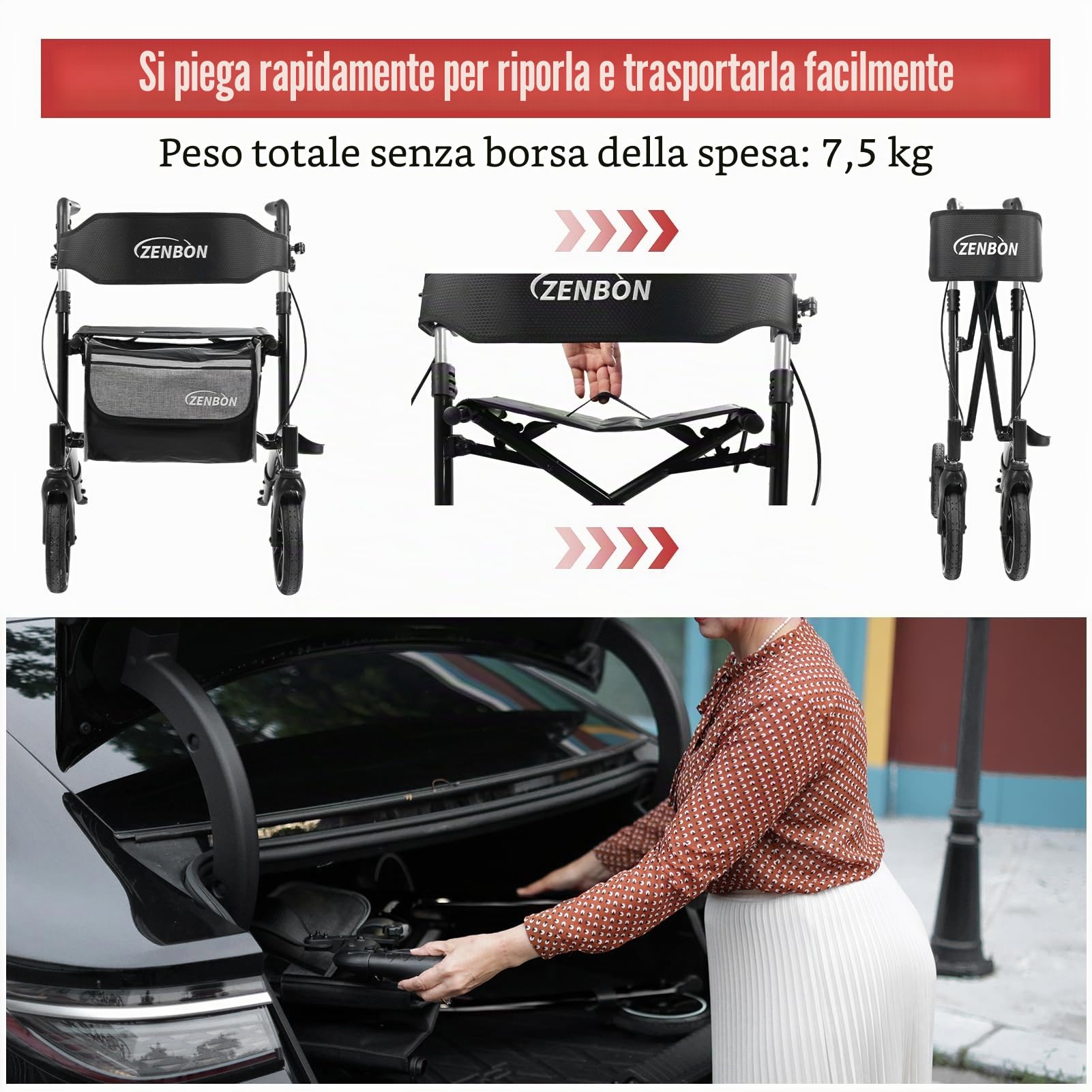 Deambulatore per Anziani Leggero Pieghevole: Rollator Leggero con Sedile Rollator per Anziani Pieghevole in Alluminio - Rollator da Viaggio con Attrezzatura Completa (Nero)