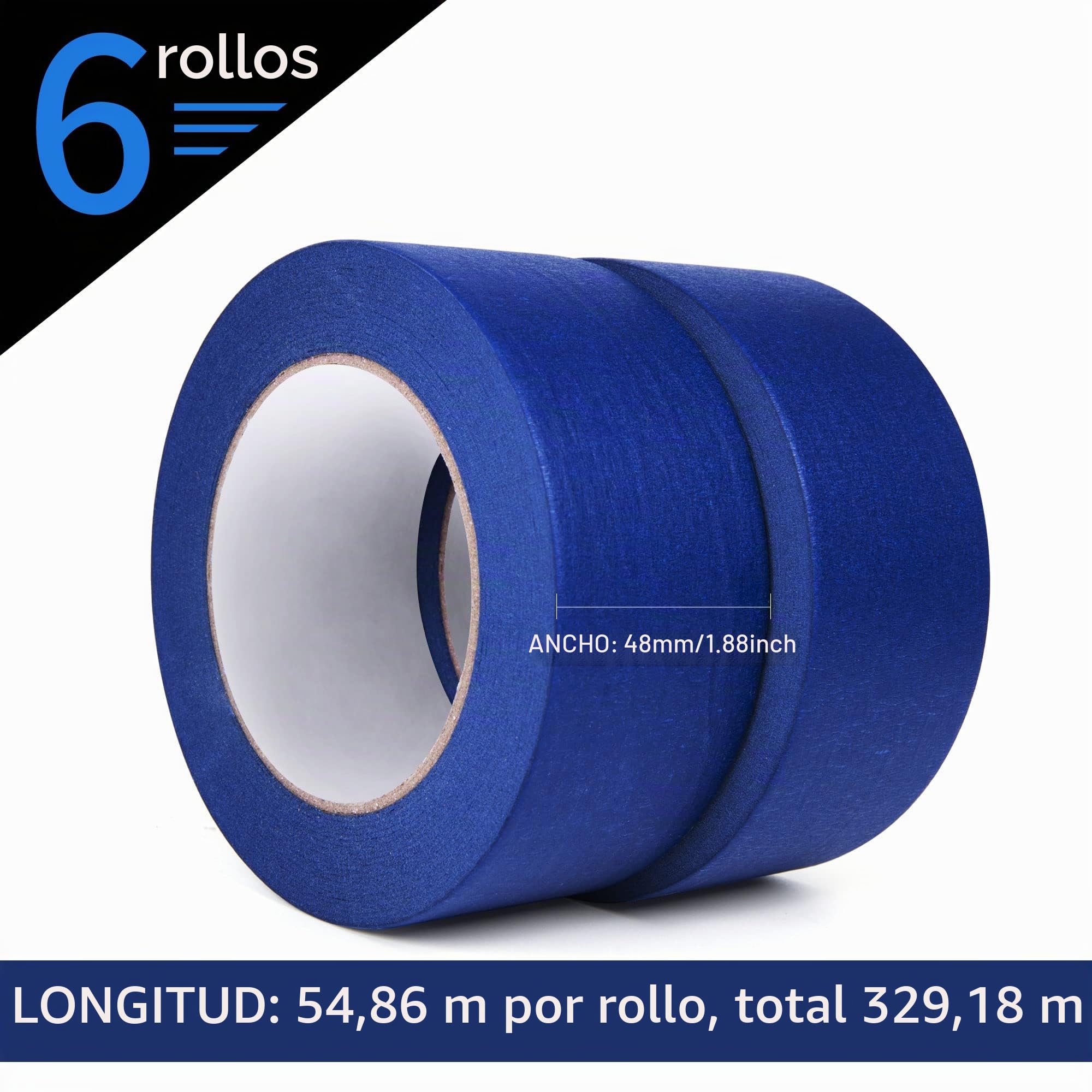TAPEBEAR Cinta de Pintar, multisuperficie de 48mmx55m Cinta de Pintor, Cintas de enmascarar profesionales, Adhesiva no deja residuos, Anti UV para automóviles, pintura mural, 6Rollo