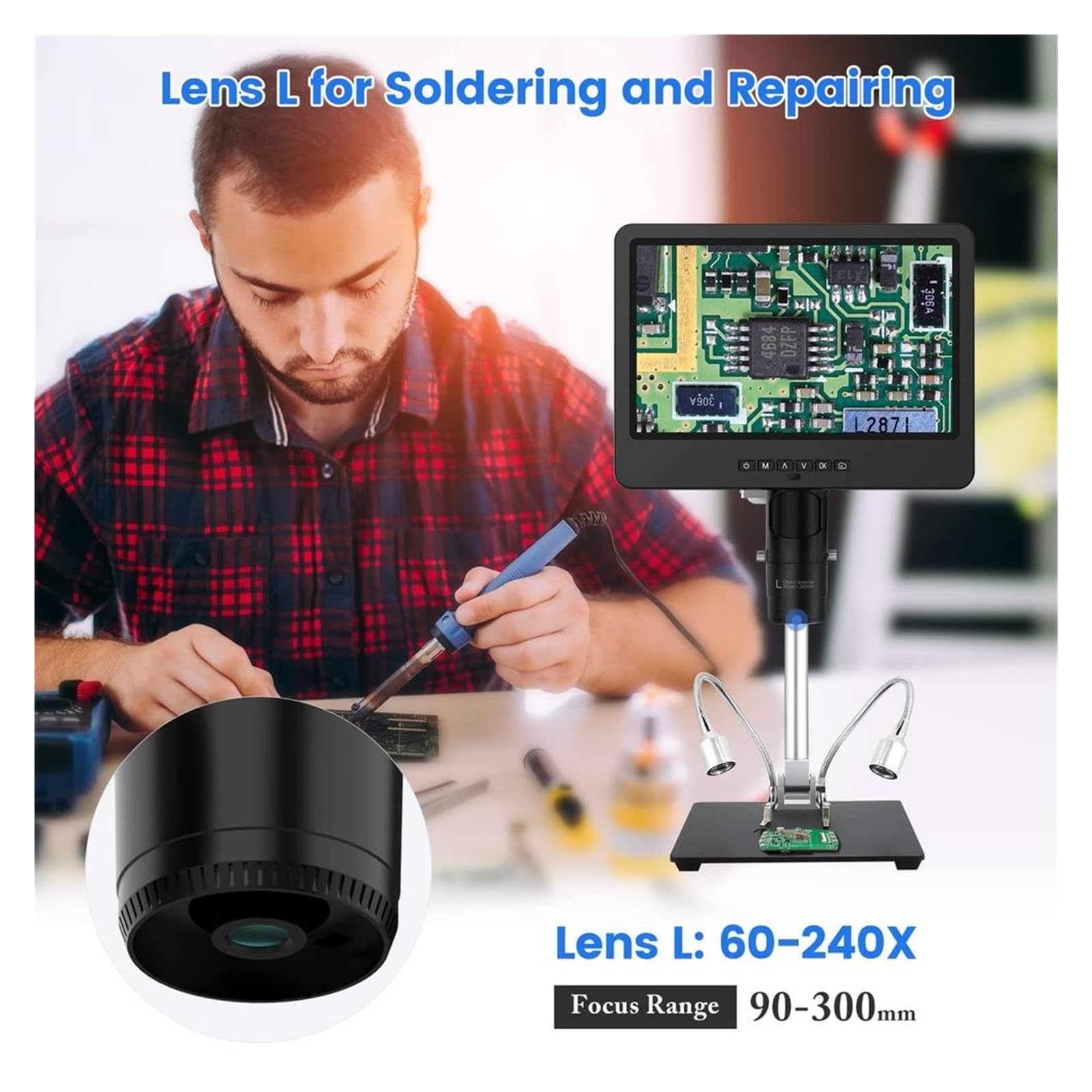3 Lens 10.1" LCD Digital Microscope 2000x 24MP Soldering Metal Stand Adjustable Vertical Horizontal Observation