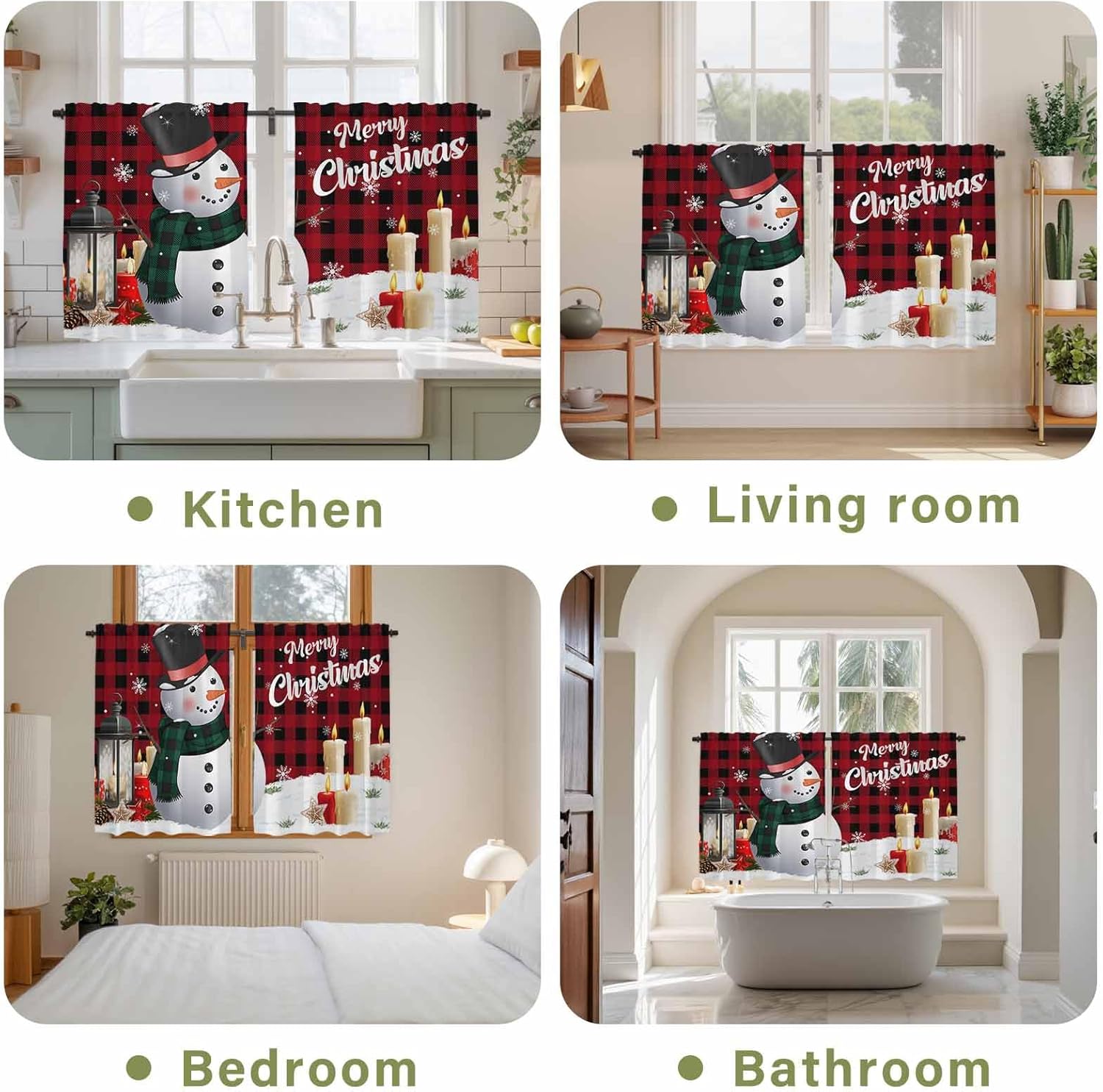 Red Black Plaid Christmas Kitchen Curtains 45 Inch Long 2 Panel Set, Rod Pocket Window Treatment, Xmas Snowman Snowflake Candle Light Filtering Short Curtains & Drapes for Bathroom Laundry 52"W x 45"L