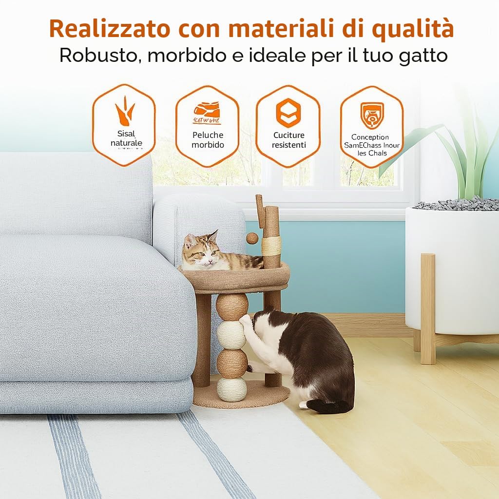 Tiragraffi per gatti beige – albero stabile con cuccia e piattaforme – tiragraffi moderno per gatti grandi e piccoli da interno