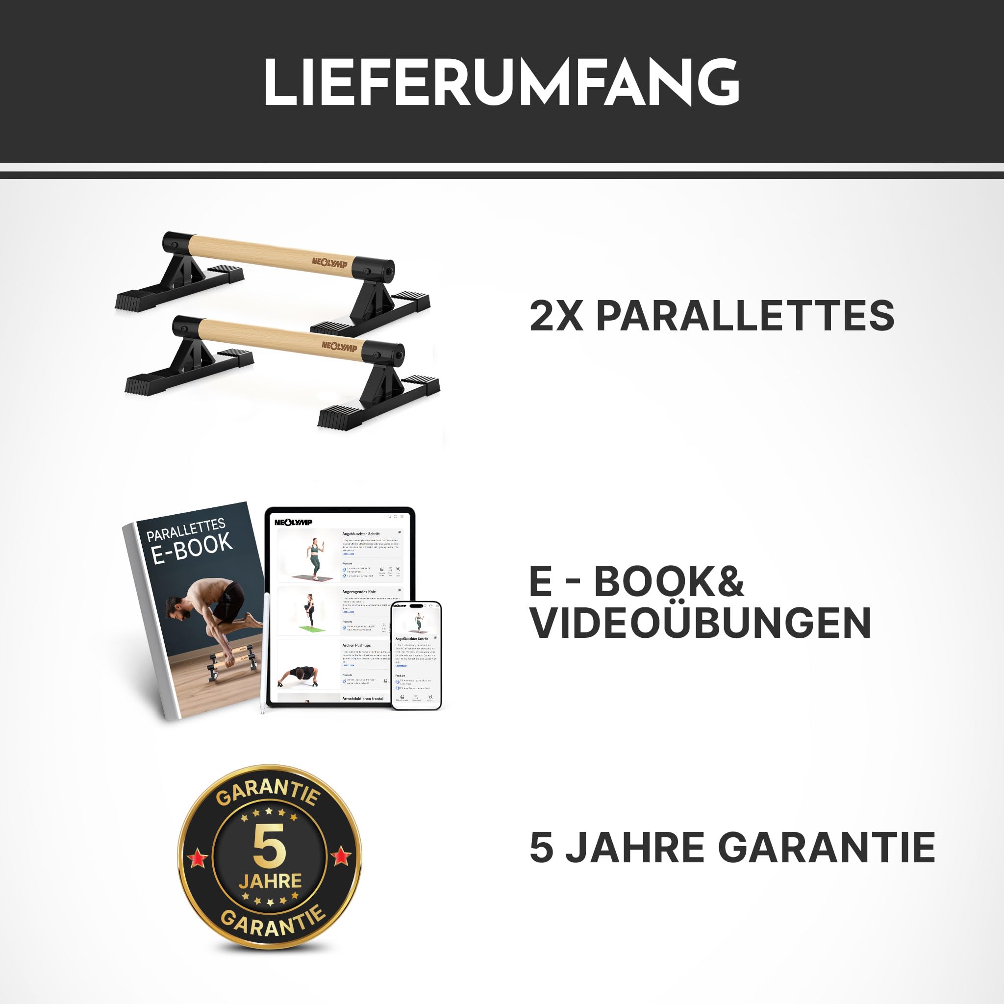 NEOLYMP 2er Set handgelenkschonende Holz Liegestützgriffe mit Calisthenics-Übungen - handgefertigten Parallettes, Push up Bar, Handstand Griffe, Dip Barren, Calisthenics-Equipment