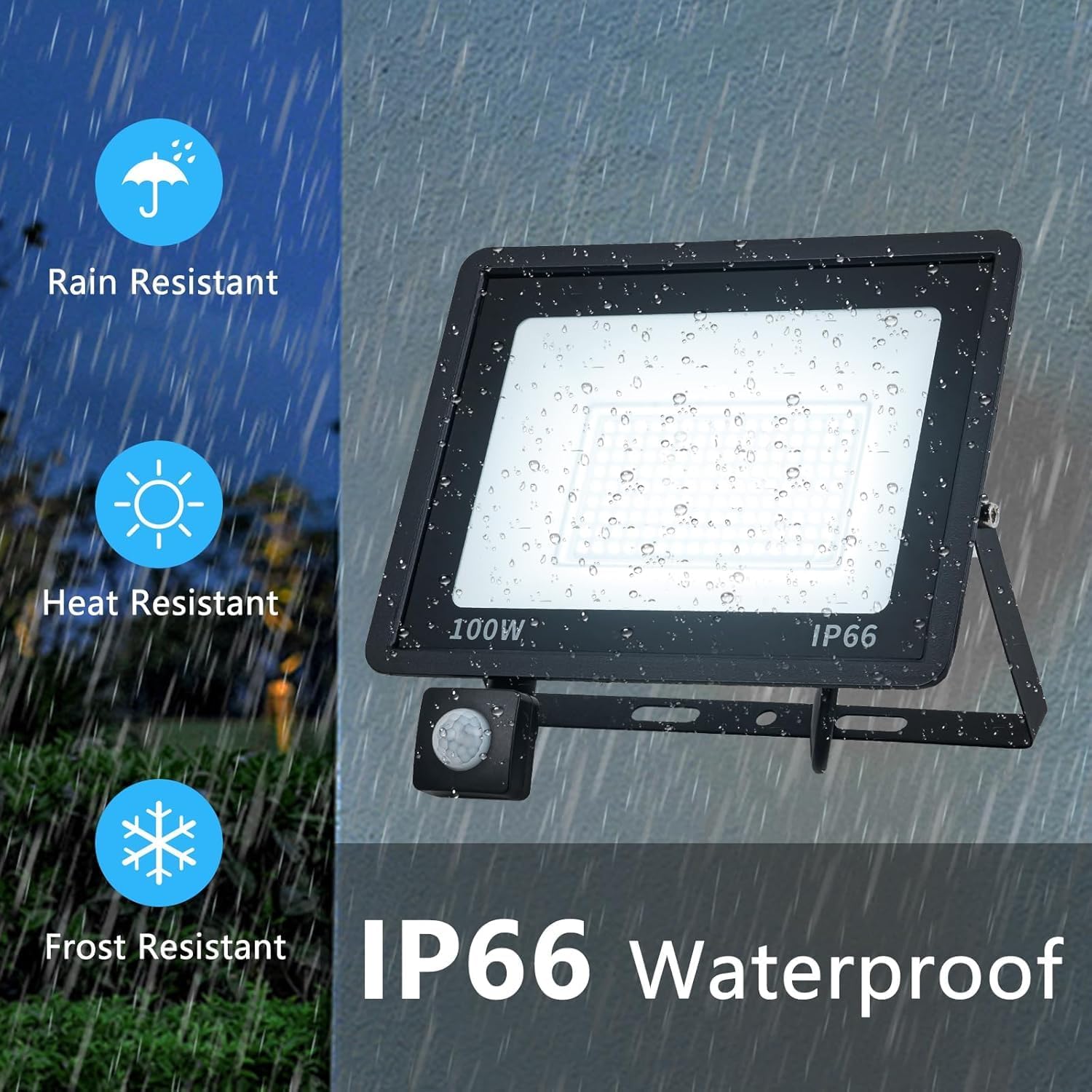 100W Motion Sensor LED Flood Light 2 Pack IP66 Waterproof Exterior Security Outdoor Flood Light with Plug Floodlights for Playground, Yard, Stadium, Lawn, Garage, Aisle, 6000K Daylight