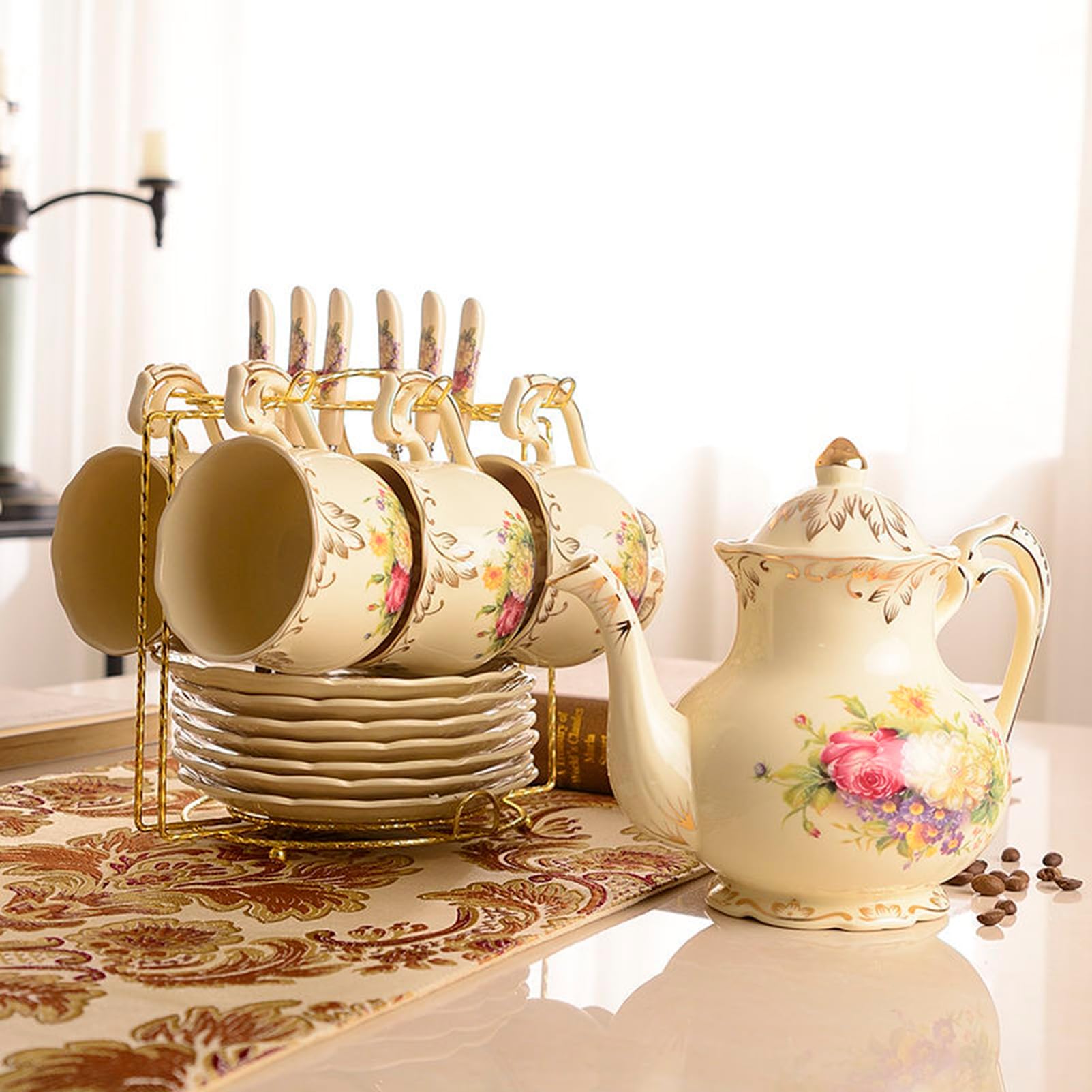Zestaw filiżanek do herbaty i spodków, porcelanowy zestaw filiżanek do kawy – ręcznie malowany zestaw filiżanek do herbaty i spodków dla 6 osób, naczynia na popołudniową imprezę w stylu vintage dla