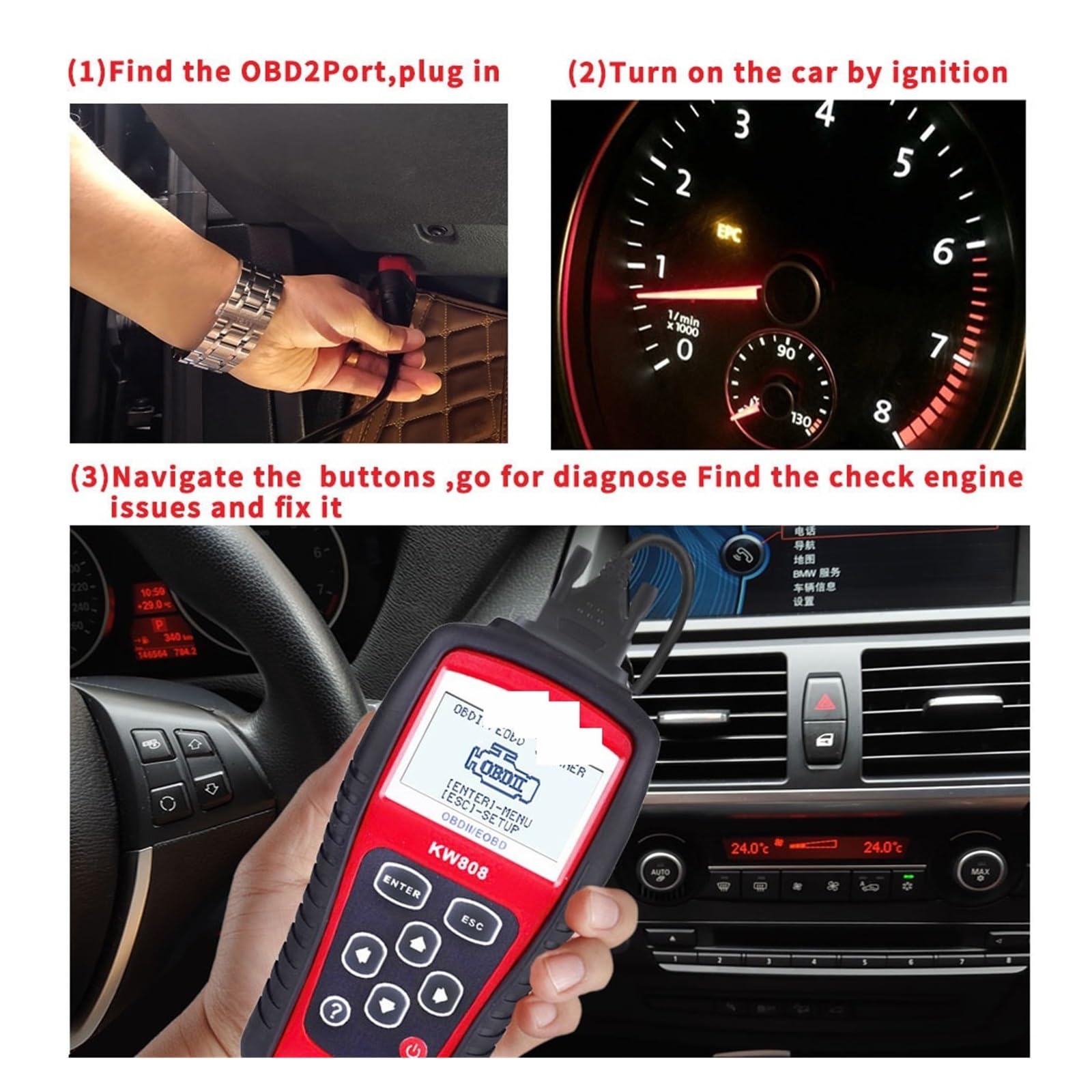 Skaner do Samochodu, KW808 OBD 2 Car Scanner OBD2 Auto Automotive Diagnostic Tool Engine Fualt Code Reader Odb Tools For Cars