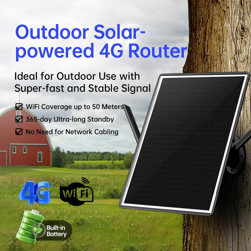 Solar 4G Router, Outdoor LTE Cat.1 Modem, 2.4Ghz WiFi6 Hotspot, VSIM & SIM Card-Slot, Built-in 26000mAh Battery, IP66 Waterproof, Ideal for Security Cameras IOT Devices