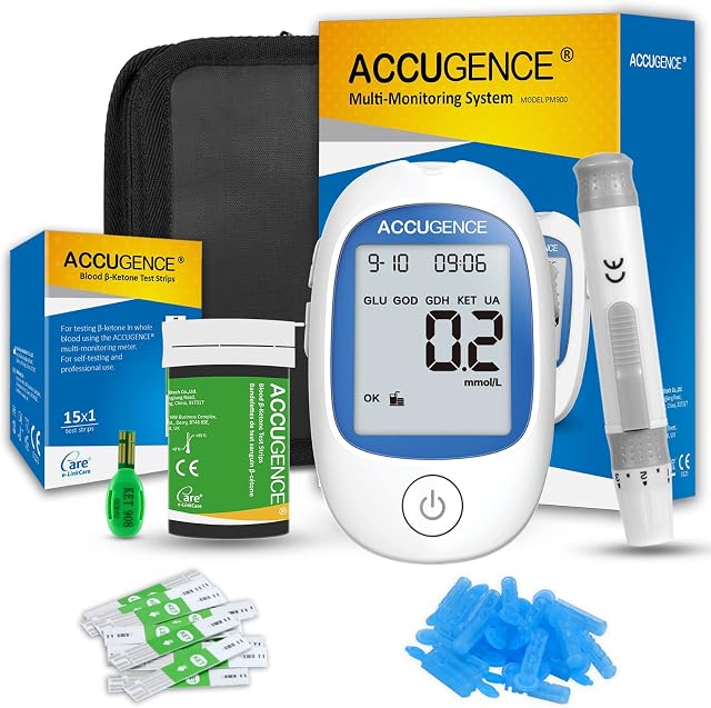 ACCUGENCE Home Blood Ketone Testing Kit, With 3in1 Blood Ketone Meter 15Pcs Blood Ketone Test Strips Lancets. Ketogenic Diet For self-testing 5 Second Get Results -UK mmol/L