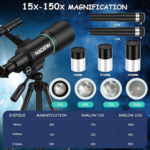 Miniatura 3 de NACATIN Telescopio para niños mayores de 5 años, 2.756 in de apertura (15X-150X) telescopios de montaje AZ para principiantes de astronomía,