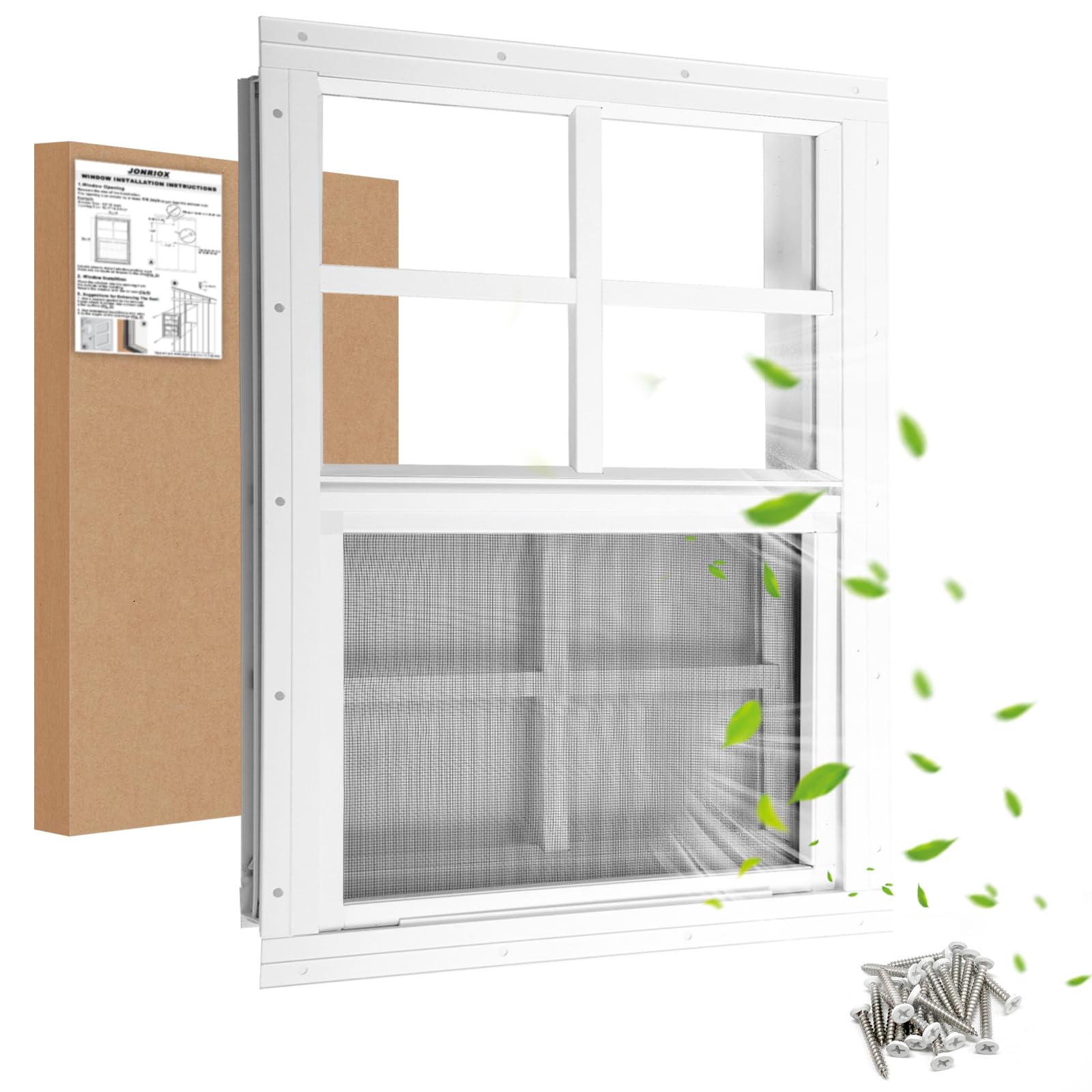Ventana de cobertizo de 16 pulgadas de ancho x 16 pulgadas de alto, ventana deslizante, montaje empotrado de aluminio blanco con vidrio templado y pantalla de acero inoxidable, ventana de casa