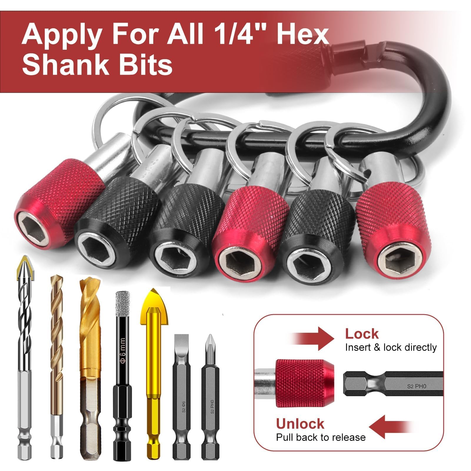 6Pcs Drill Bit Holder Keychain 1/4 Inch Hex Shank Screwdriver Bits Holder Quick Release Drill Extension Tools for Nut Driver Screwdriver Screw Drill Bits with Keychain Carabiner (3 Black 3 Red) - Image 2