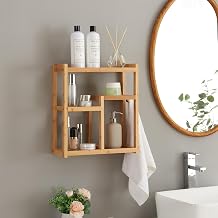 [en.casa] Wall Shelf with 5 Storage Surfaces and Towel Hook, Ideal for Bathroom, Toilet, Kitchen, Entryway, Bamboo, 42 x 37 x 17 cm, Natural