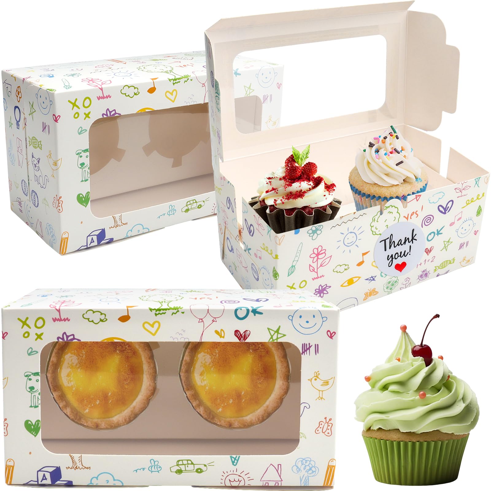LHNNDM 20 Pcs Cupcake Boxes 2 Hole with Window and stickers, Cupcake Carrier Bakery Pastry Boxes Cookie Treat Muffins Boxes Carrier for Home Baker Birthday (Graffiti 2 hole)