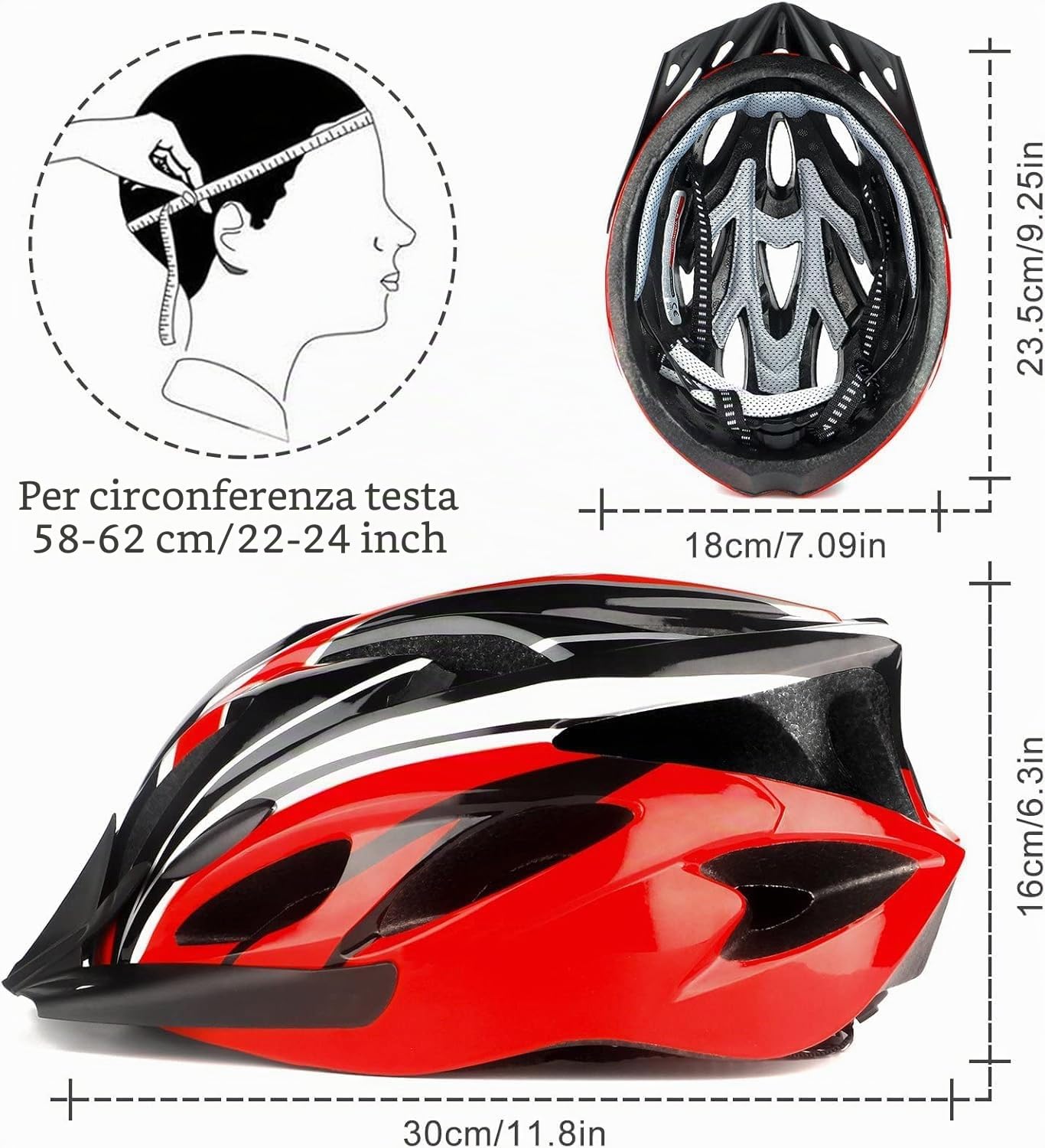 Casco da Bicicletta per Adulti, Uomo e Donna, Corpo EPS + Guscio PC, Mountain Bike, con Visiera Rimovibile e Imbottitura, Regolabile, 58-61 cm