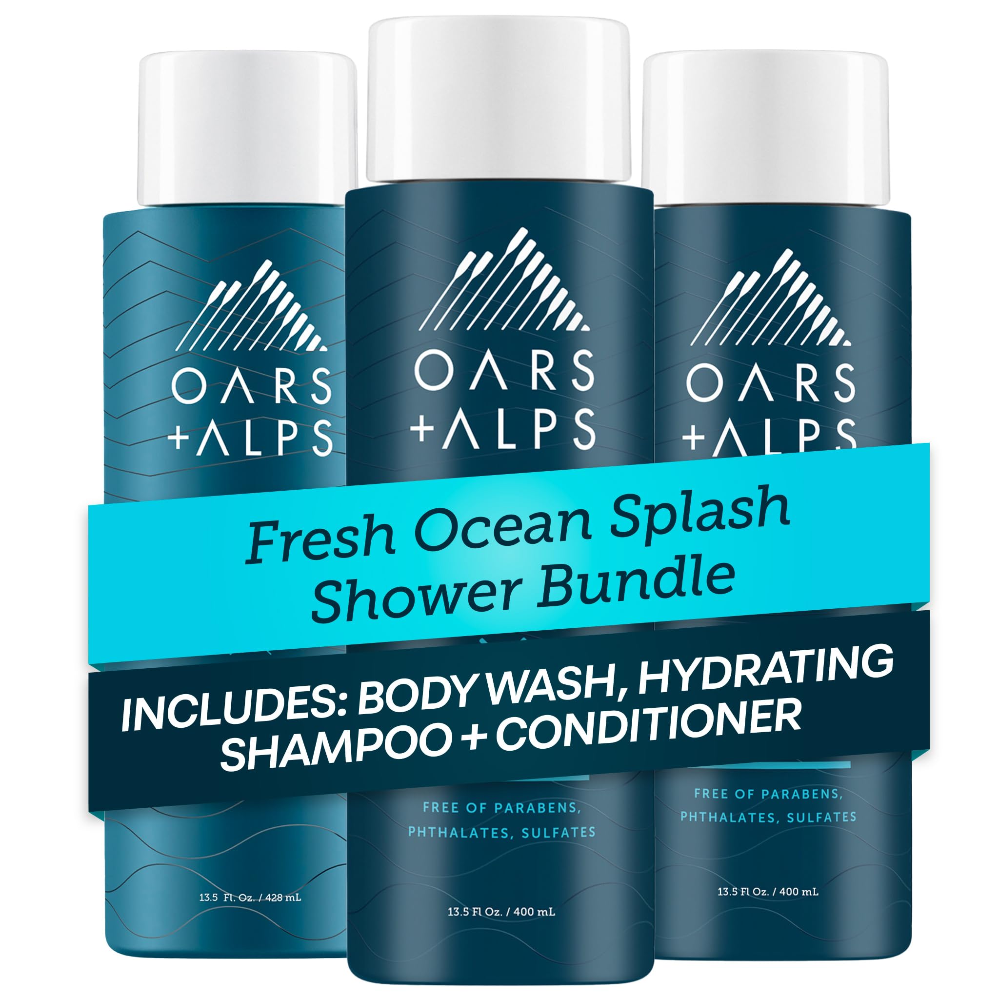 Oars + Alps Men's Sulfate Free Hair Shampoo, Conditioner, and Body Wash Kit, Moisturizing Skin Care Infused with Kelp and Algae Extracts, Fresh Ocean Splash Scent