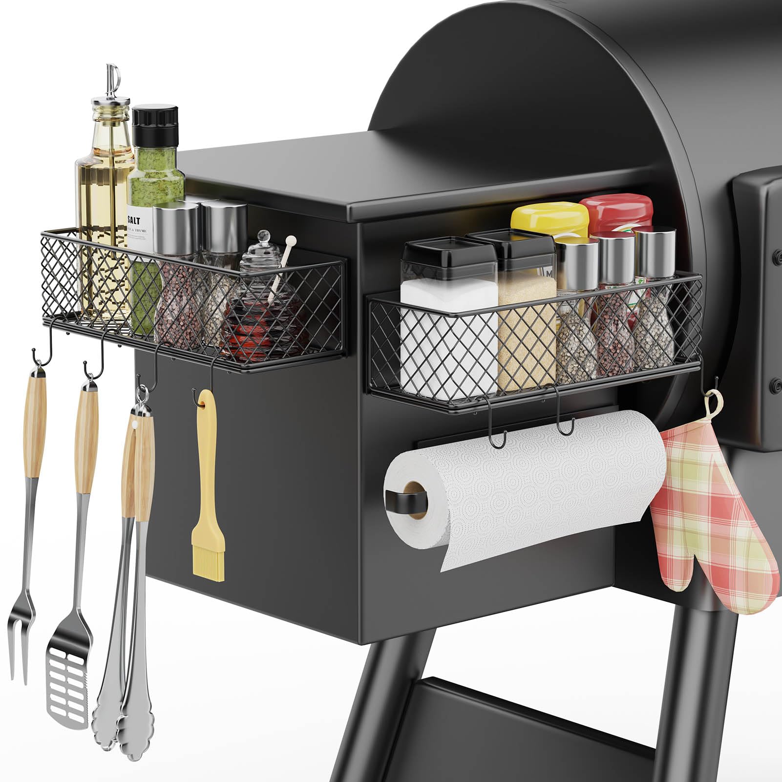 Ormeli 2 Pack Magnetic Storage Bin for Traeger Smoker Grill Caddy with Paper Towel Holder, Grill Basket for Some Models of Traeger/Pit Boss/Z Grill Smoker Accessories, Griddle Caddy for Outdoor