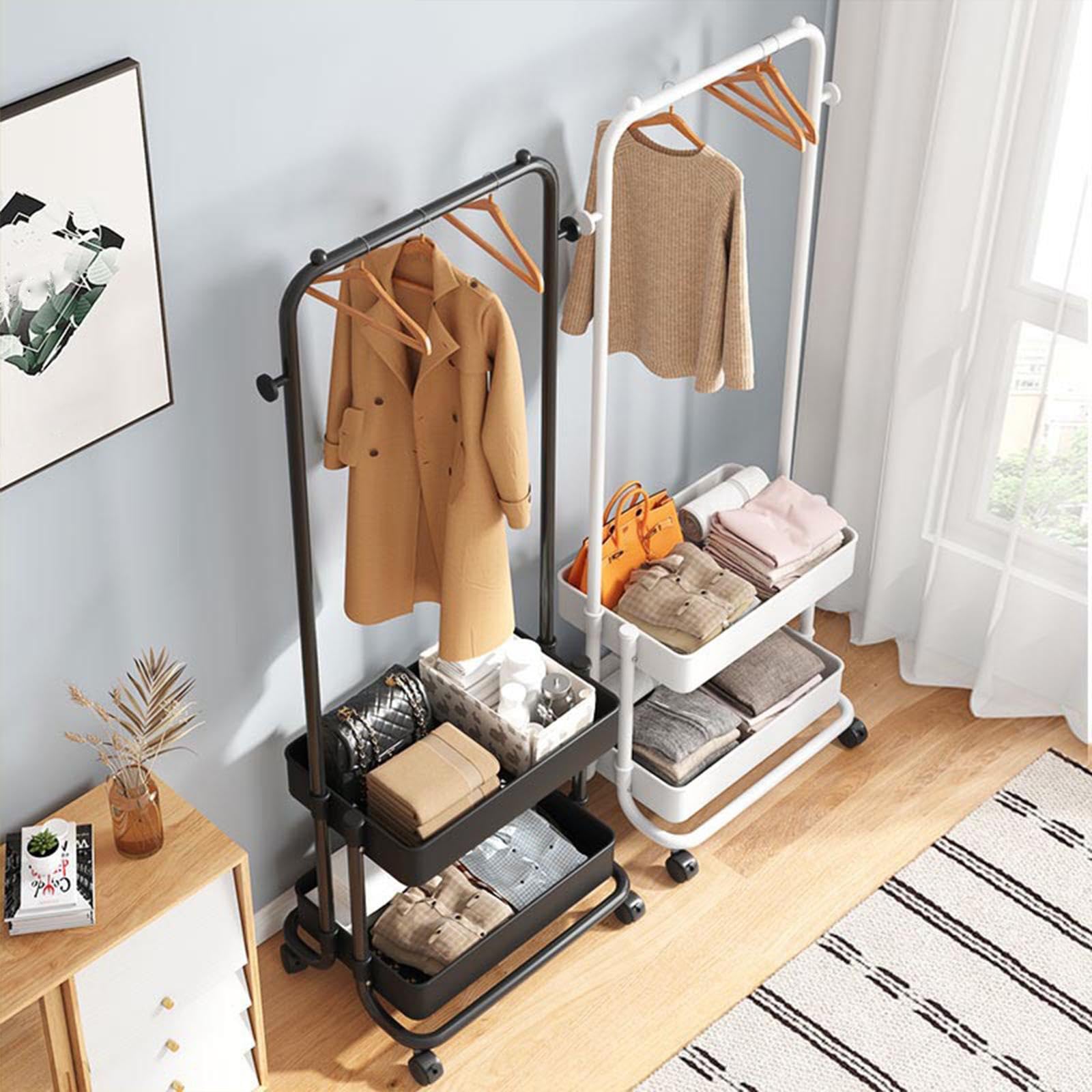 Carrello per lavanderia con ruote, spazioso organizer per vestiti con ripiano a due livelli per appartamenti, camere da letto e dormitori, appendiabiti su ruote, vestiti, cappotti