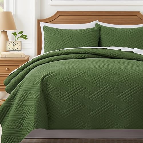 Lavsiry Edredón de tamaño King con patrón de rayas, juego de ropa de cama ligero de verano verde delgado, colcha y colcha de microfibra suave para