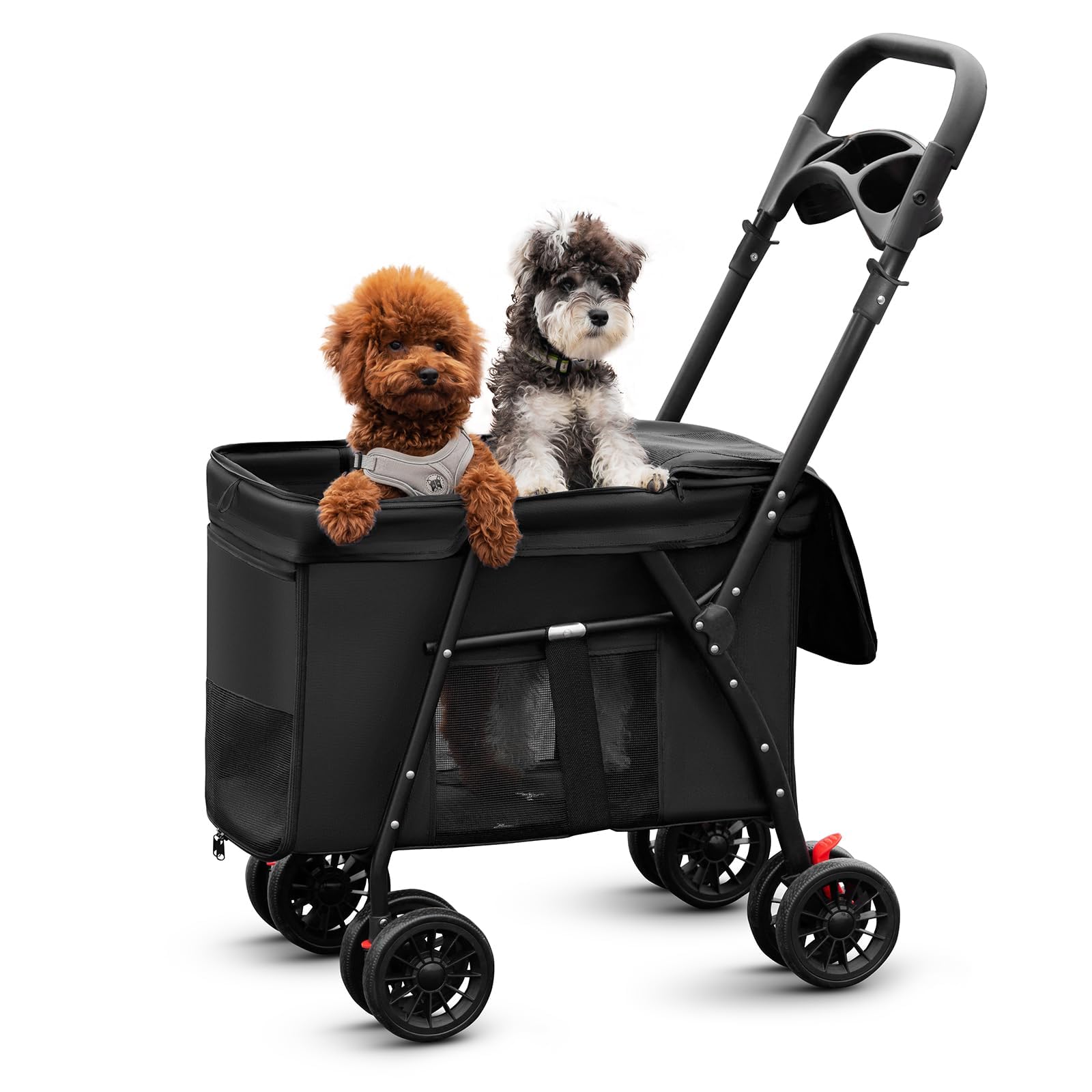Dog Pram Dog Stroller 4 Wheels Pet Pushchair with Cup Holder, Front and Rear Pockets Mesh Windows & Zipper Closure for Small & Medium Dogs up to 44lbs
