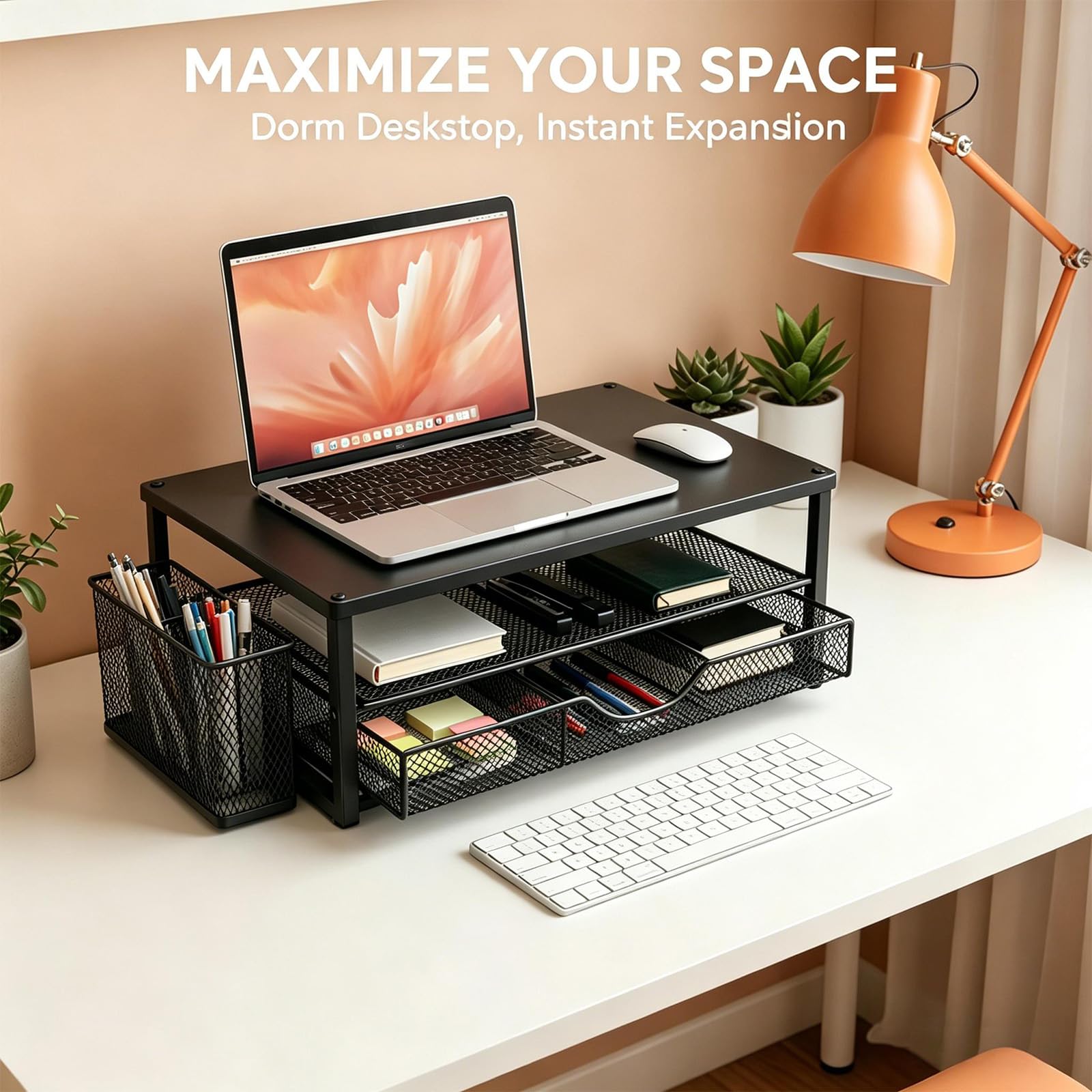 Supporto per monitor con cassetto, supporto per monitor a 2 livelli con organizer da scrivania e 2 portapenne, supporto ergonomico da scrivania per display, laptop e