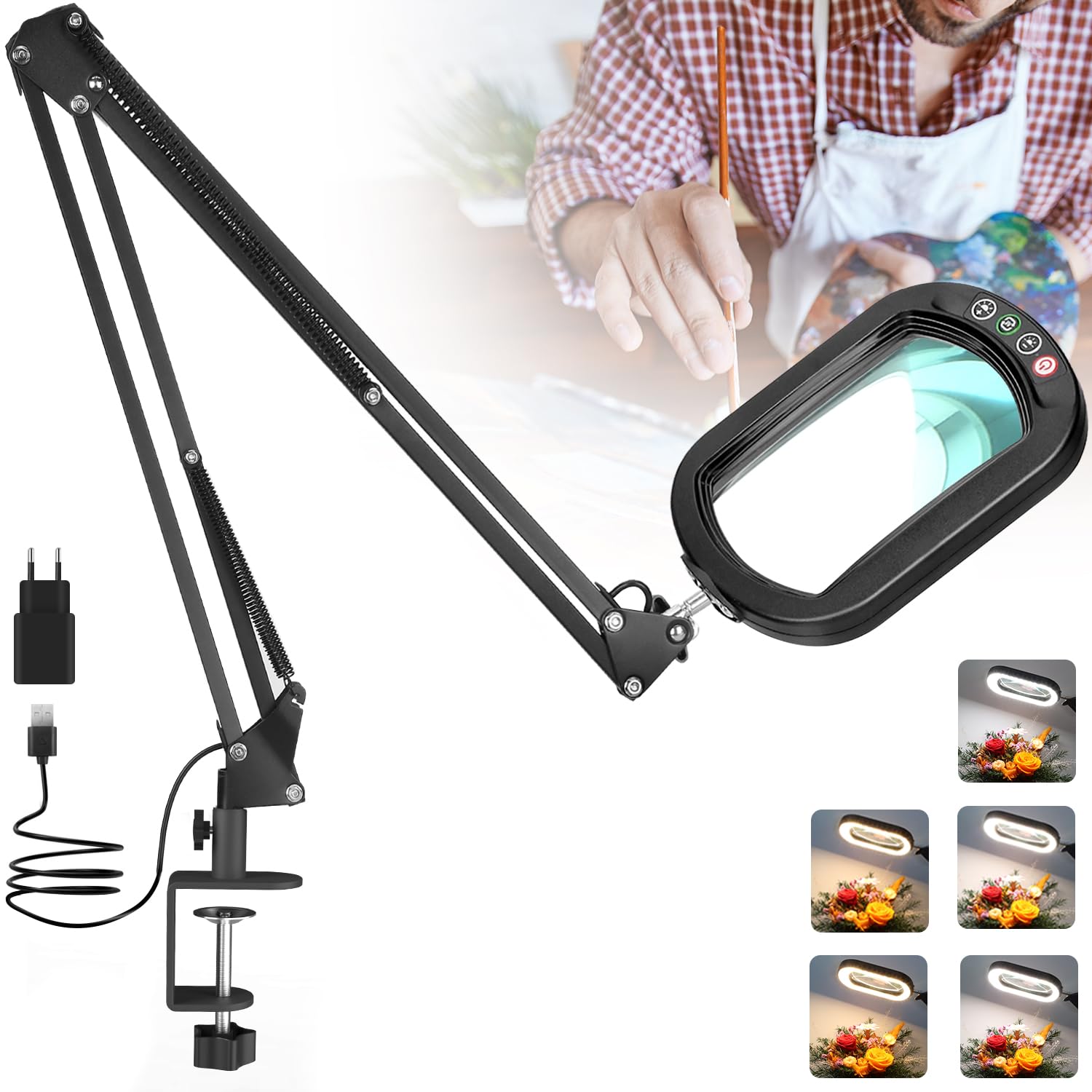 Veemagni 10X Lente di Ingrandimento Rettangolari con Luce e Morsetto, 2 x 16 Pollici con Braccio Girevole, 5 Modalità di Colore Dimmerabile, Mani Libere Lente Ingrandimento per Lettura Pittura Hobby